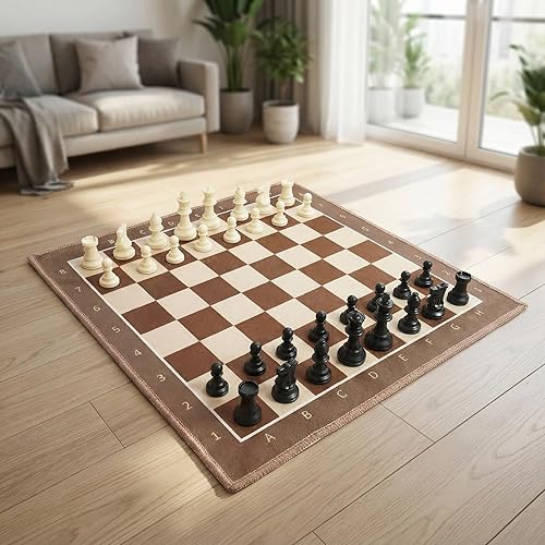 Juego de ajedrez de tela plegable de 19.7 pulgadas, tablero suave marrón café con piezas estilo Staunton de 3 pulgadas, juego de ajedrez de viaje