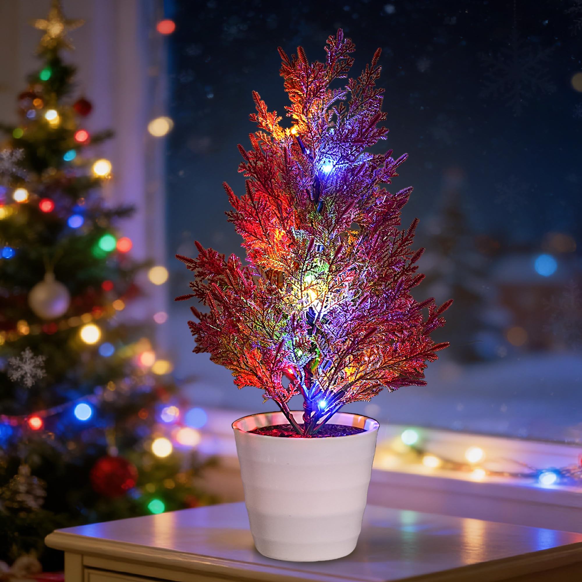 Artificial Cedar Tree Lamp, Color Changing LED Light with White Pot, Battery Powered for Bedroom Wedding Christmas, Gifts for Women Mom Grandma Girlfriend on Birthday Christmas Valentines Mothers Day