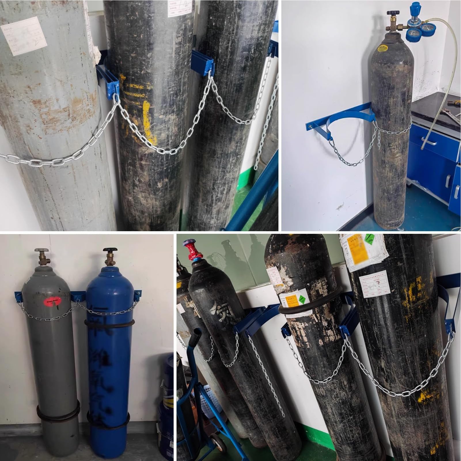 Soportes para bombonas de oxígeno Organizador De Acero para Bombonas De Gas De Pared con Cadena Protectora y Tornillos,Soporte para Botellas Hospitales Laboratorios,3 Bottles