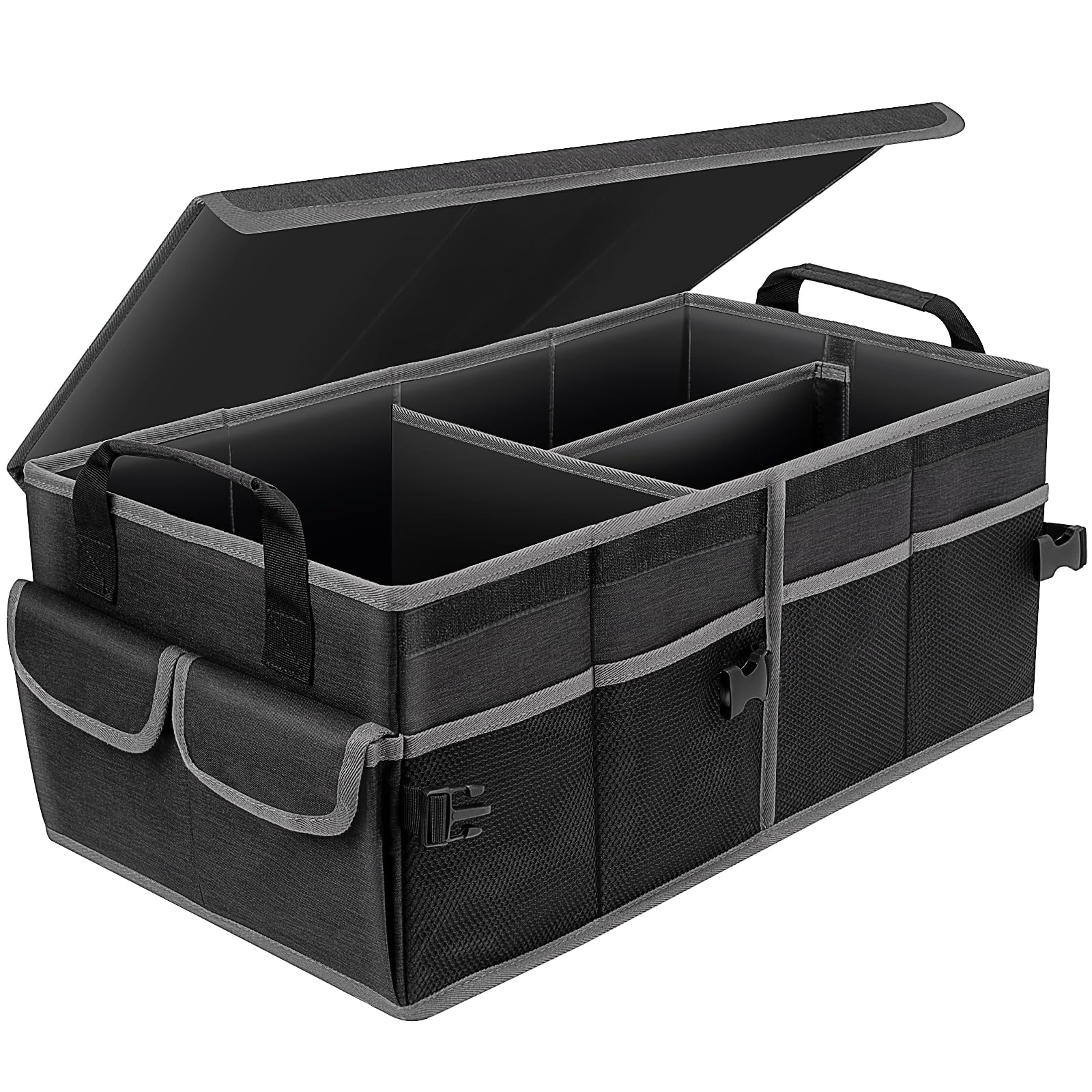 YBCPACK Organizer per bagagliaio dell'auto, 60 l, con coperchio, impermeabile e pieghevole, con velcro antiscivolo, 3 livelli e tasche laterali, organizer per auto in materiale Oxford, per campeggio,