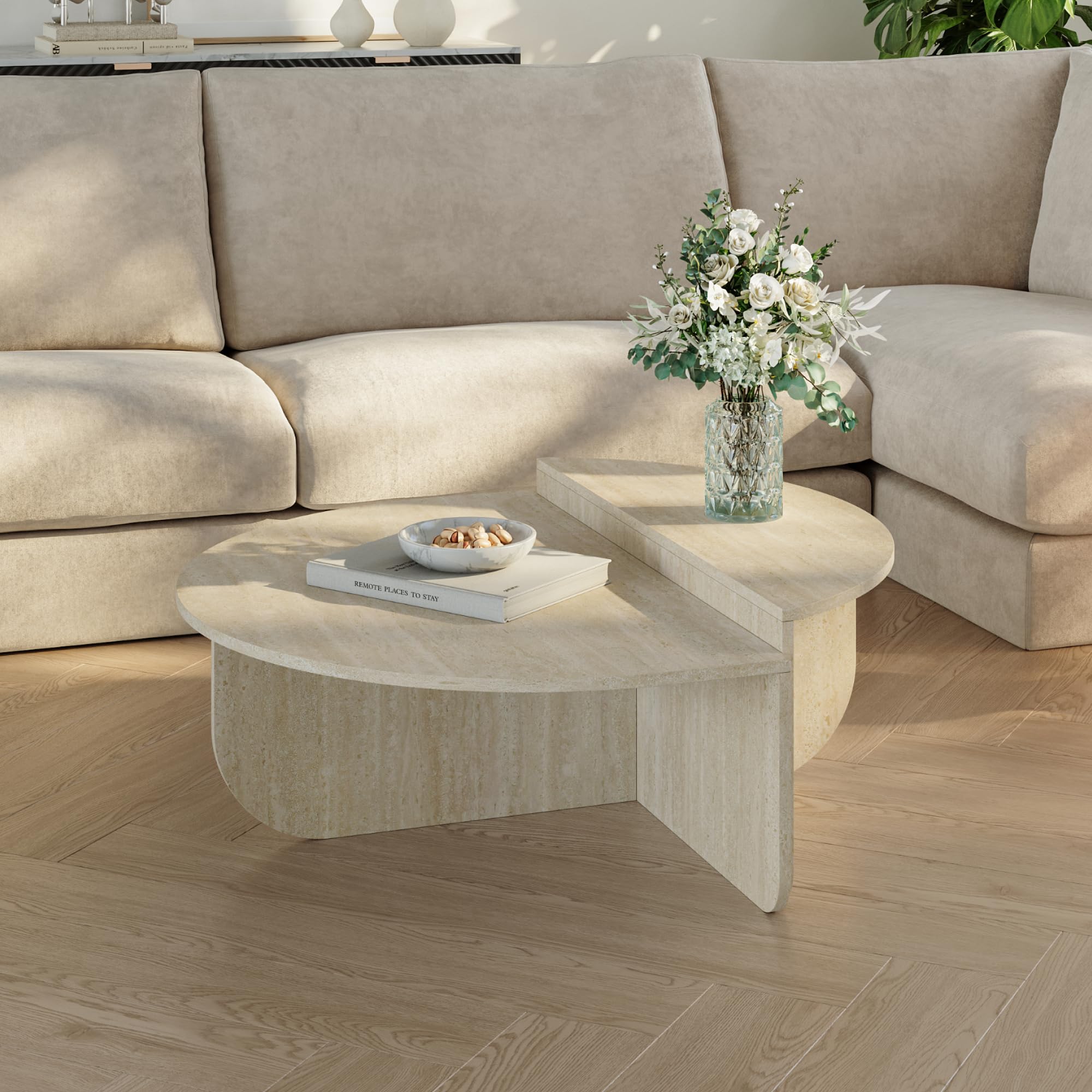 [en.casa] Mesa de Centro Tondesdaslo Tablero Doble Semicircular Mesita de Café Mesa Auxiliar de Sofá Salón Despacho 90 x 90 x 35 cm - Travertino