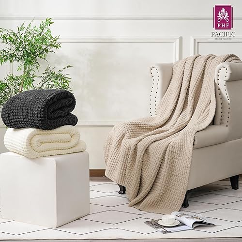 Miniatura 7 de PHF Manta de punto gofre de felpilla, cálida y acogedora de 50 x 60 pulgadas, ultra suave, gruesa y esponjosa, para sofá y cama, color natural