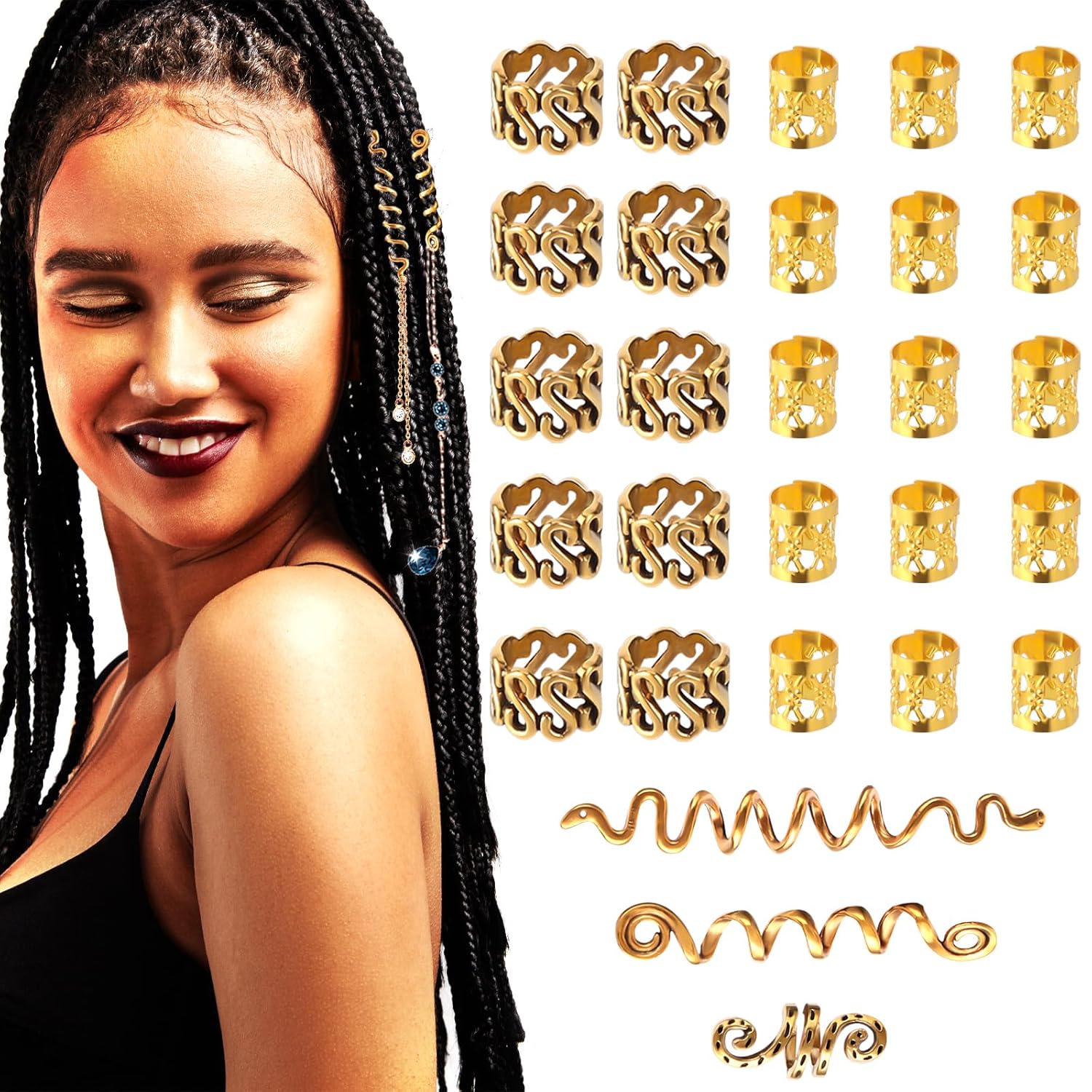 28 Pcs Hair Jewelry for Braids, Gold Loc Jewelry for Hair Dreadlock Hair Spirals