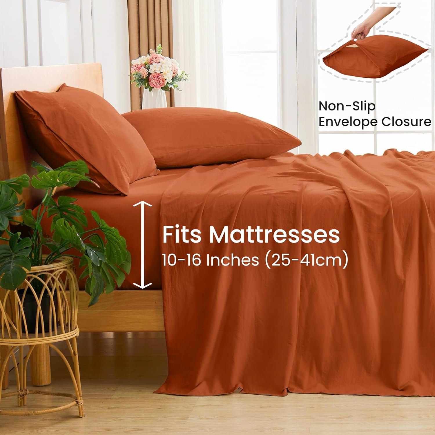 GOKOTTA 4-Pcs Queen Sheet Set, 16 Inch Deep Pocket Queen Sheets with Elastic Corner Straps, Brushed Microfiber Polyester - Hotel Luxury, Ultra Soft, Breathable, Wrinkle-Free - Burnt Orange