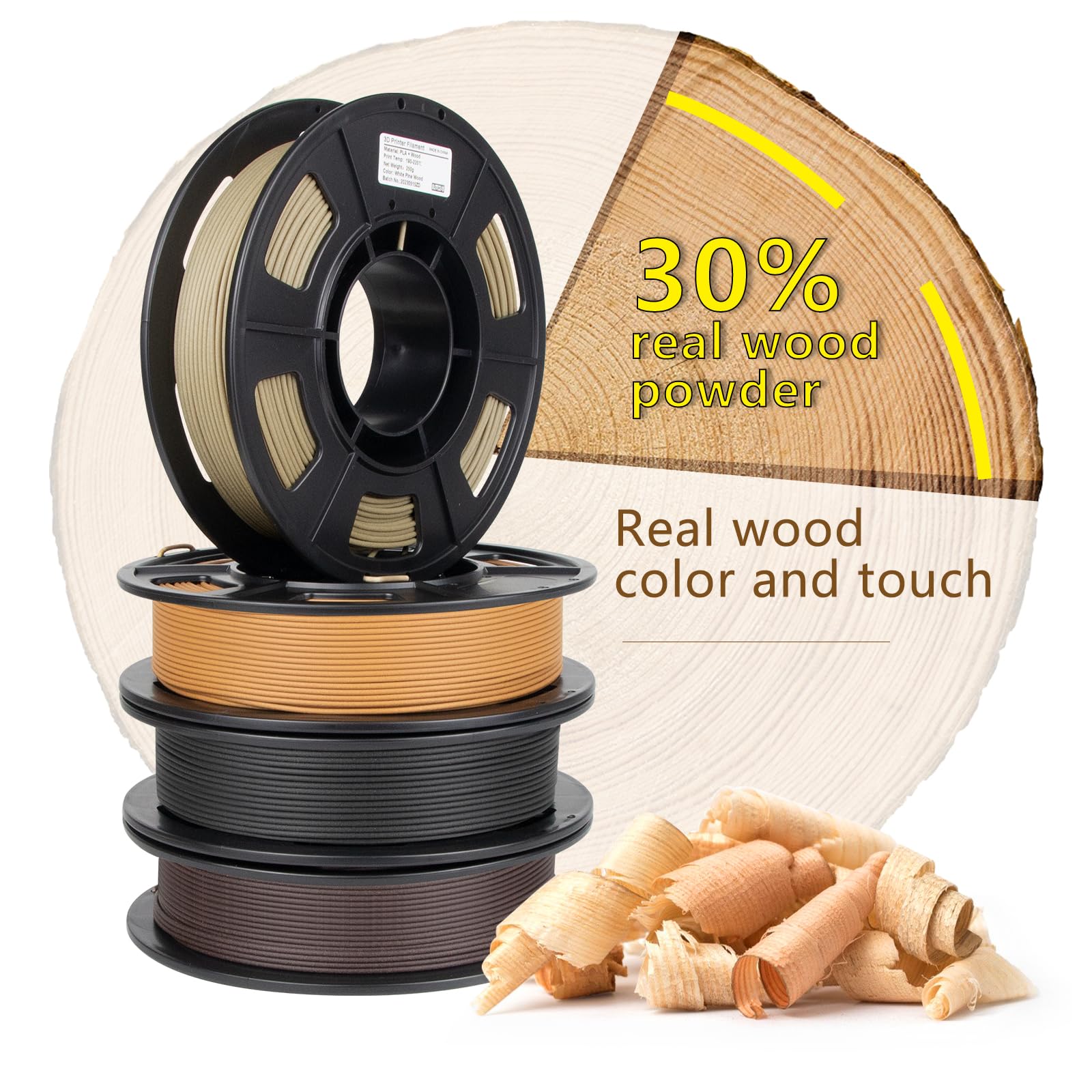 iSANMATE PLA Wood Filament pour Imprimante 3D, Bois de Pin Blanc, Sable, Poirier Jaune et Ebène 1.75mm, 250g X 4 Pack, Précision Dimensionnelle +/- 0,02 mm (20% Poudre de Bois+80% PLA+)