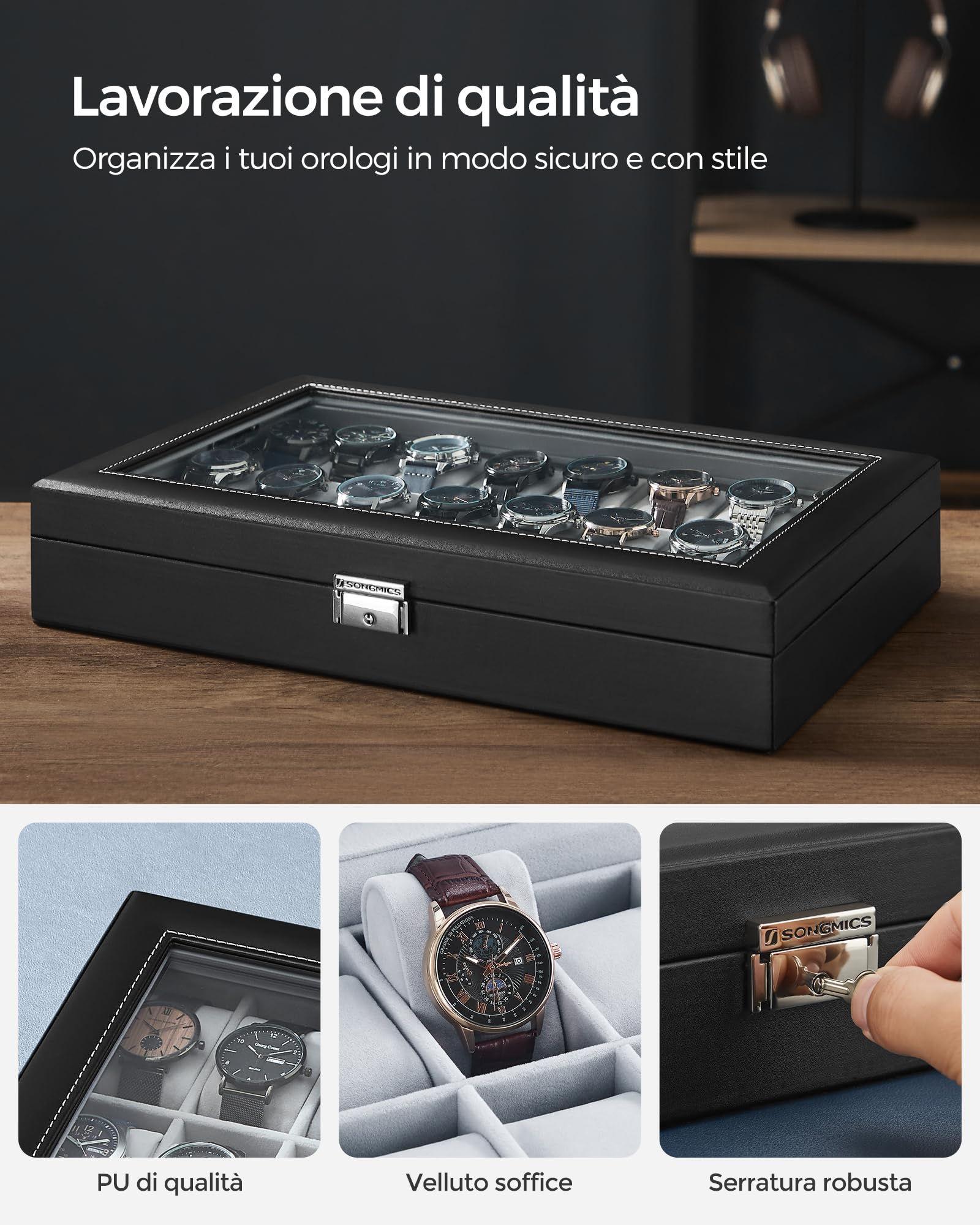 SONGMICS Porta Orologi, Scatola Portaorologi con 24 Posti, Coperchio in Vetro, Custodia per Orologi, Idea Regalo, Superficie Nera Inchiostro, Interno Grigio Tortora JWB024