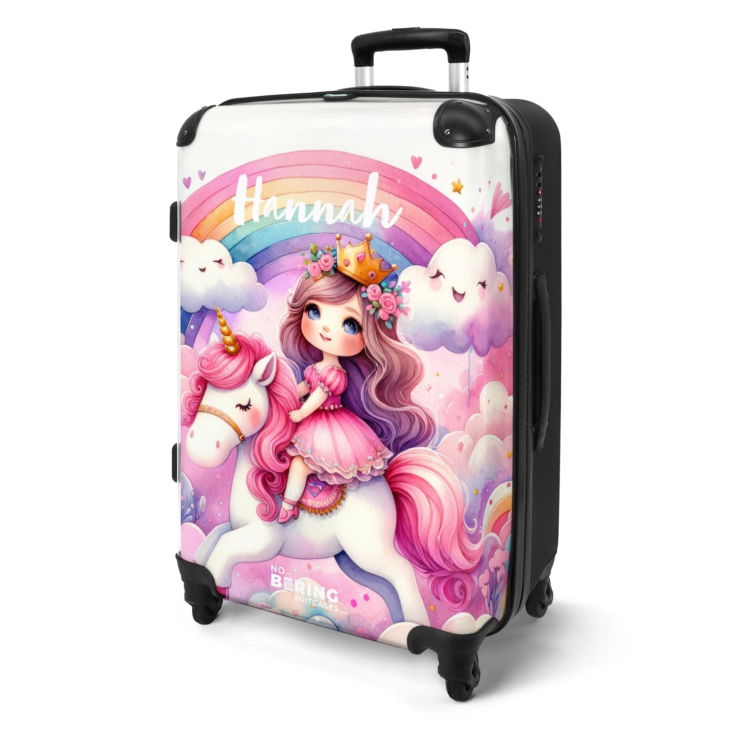 NoBoringSuitcases.com Kinderkoffer Personalisiert für Mädchen - Großer Reisekoffer, TSA, 20kg Gepäck, Mittelgroß (Prinzessin-Regenbogen, 67 cm - 72 L)