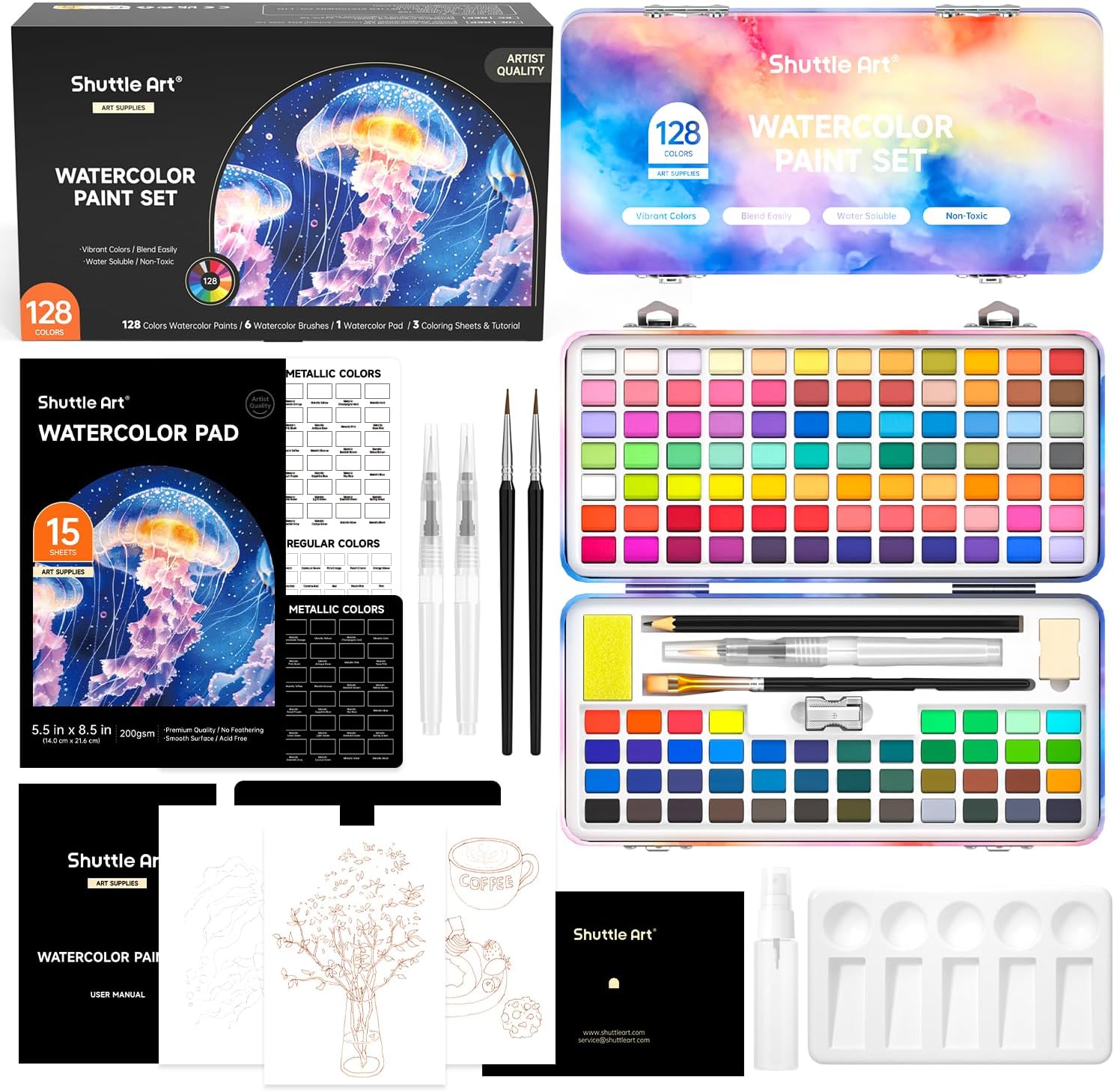 128 Colours Watercolour Paints Set, with 48 Metallic Watercolour Paints, Water Brush Pen Watercolour Pad & Metal Travel Box for Beginners Adults, Kids, Artists for Painting, Calligraphy
