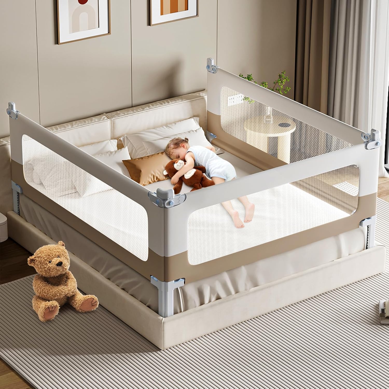 Baby Bed Rail Guard for Toddlers - 3 Sides, Double Child Lock, Safety Bed Rail for Toddlers, Infants - Height Adjustable Extra Tall Toddler Bed Rails for Queen Bed -3 Sides, 78.8x78.8x59Inch 78.8x78.8x59 Inch