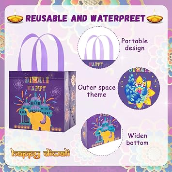 HOWAF 12Pcs Happy Diwali Gift Bags, Diwali Decoration Non-Woven Tote Bags, Festival of Lights Reusable Treat Bags with Handle for Diwali Favor Gifts Wrapping, Indian Deepavali Candy Bags