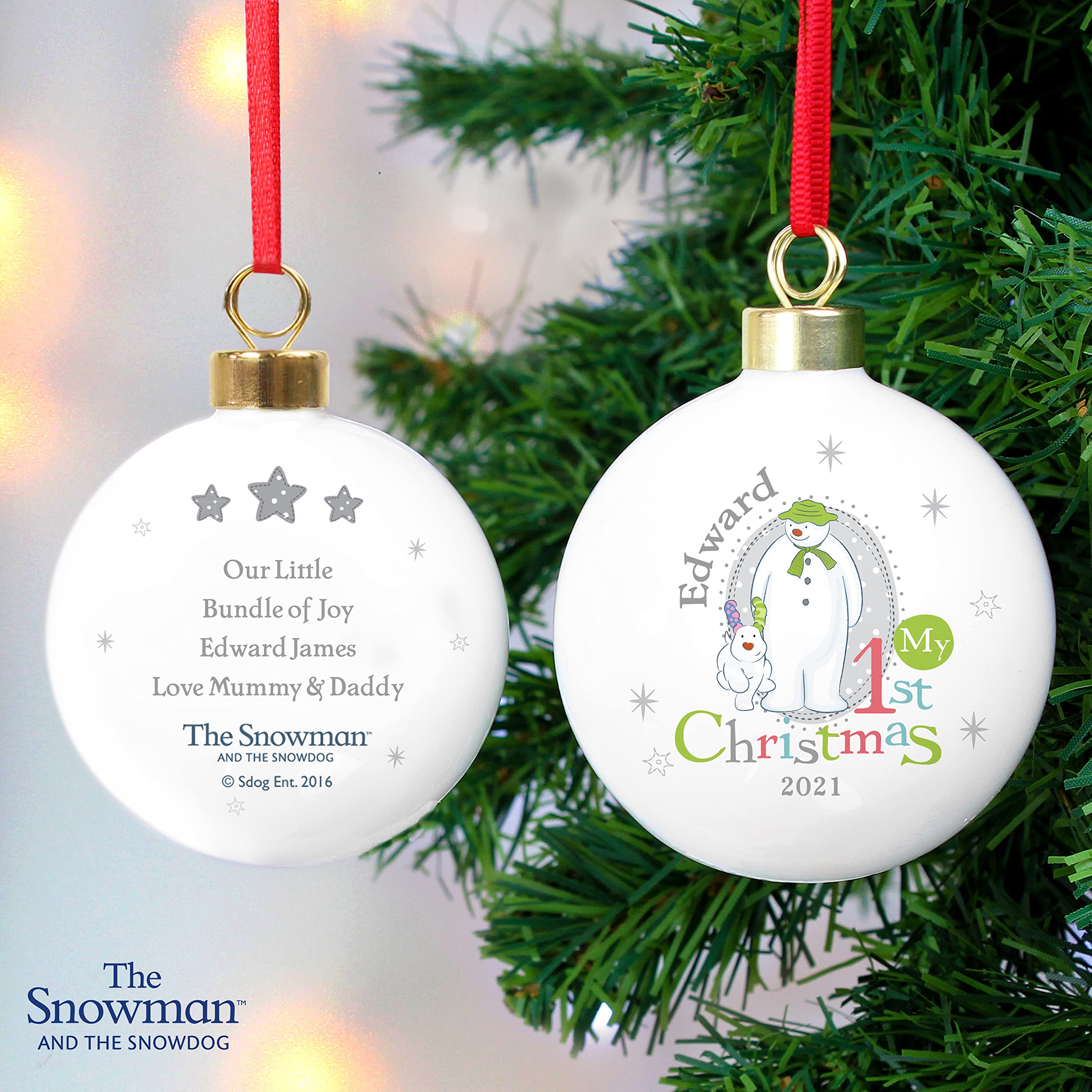 Personalised Memento White Custom Personalised The Snowman And The Snowdog My 1St Christmas Bauble