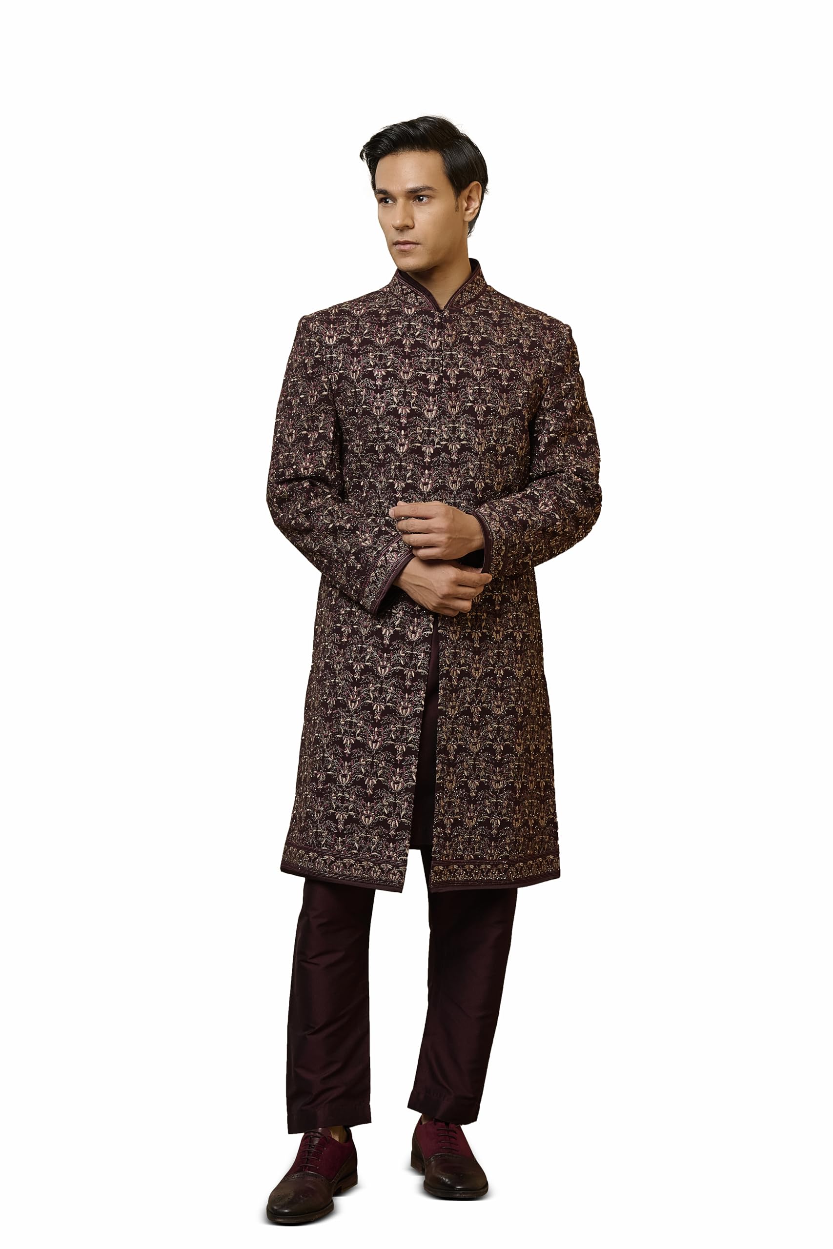 tasva Wine Embroidered Sherwani Set-picture-26
