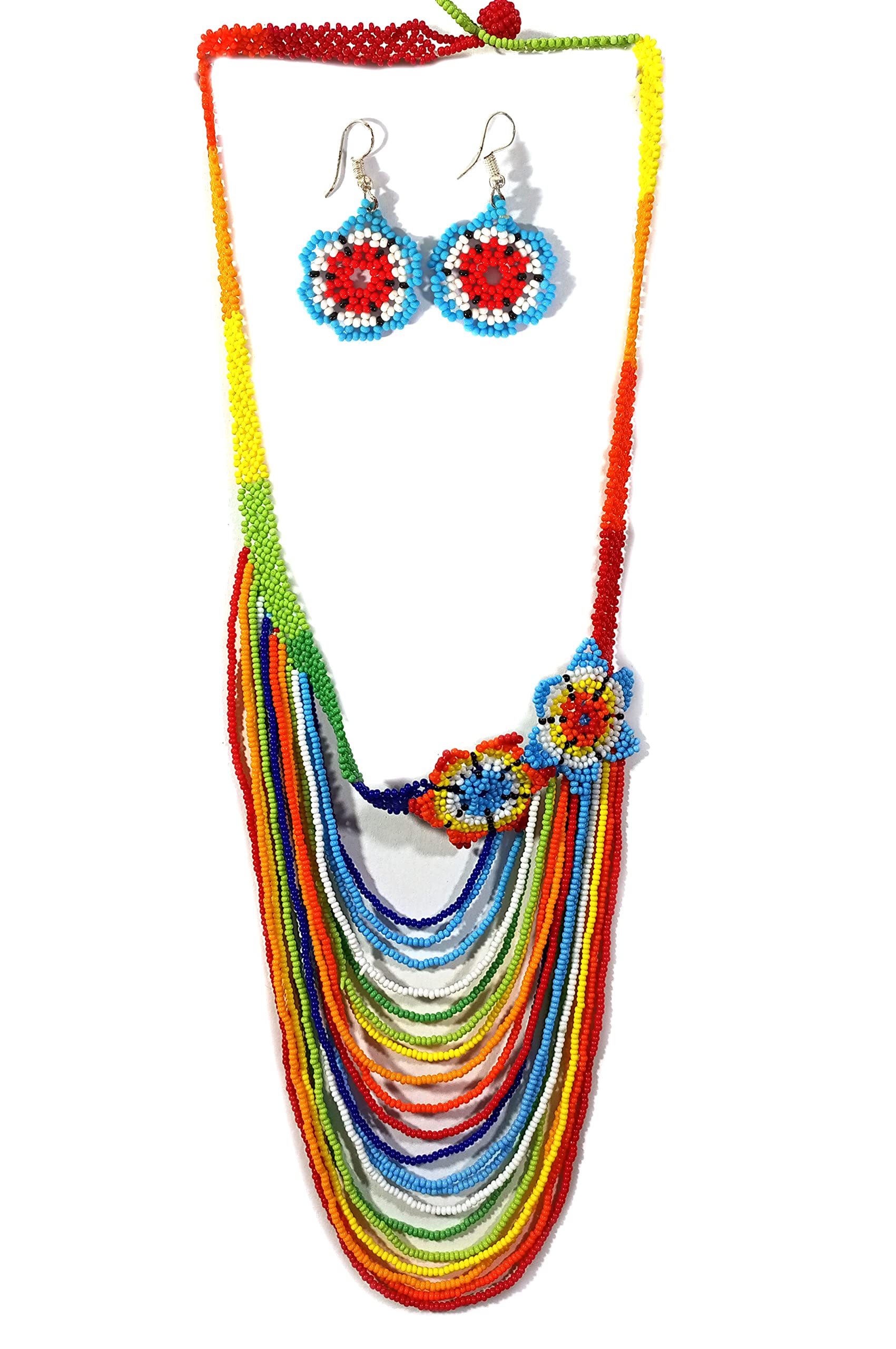 Handmade multi color seed beads beaded flower design layered necklace earrings set for women S-01-SB-10-image-2