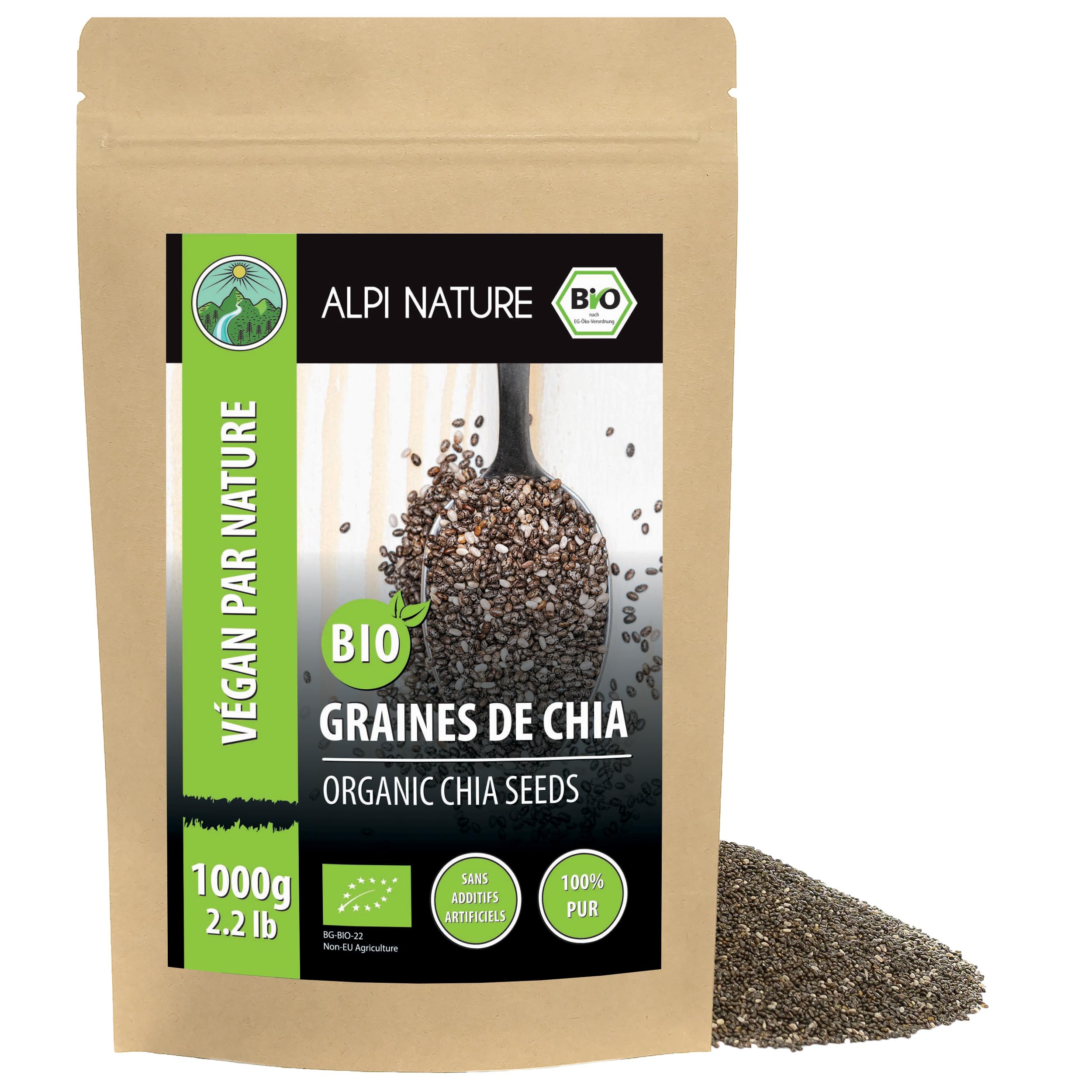 Alpi Nature Graine de Chia BIO 1kg, Graines de Chia Noires Entières Crues pour Smoothies, Yaourts et Mueslis