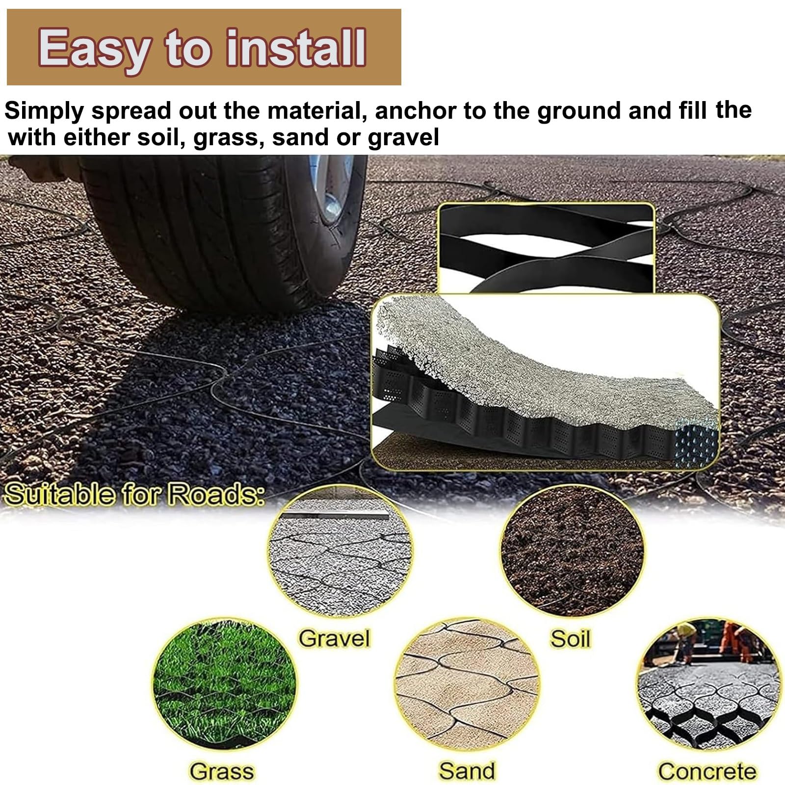 Geocell, stabilizzatore a griglia per ghiaia, sistema di pavimentazione permeabile a profondità 5,1 cm, per patio, passerella, base per capannoni, vialetti per veicoli leggeri, parcheggio, erba e