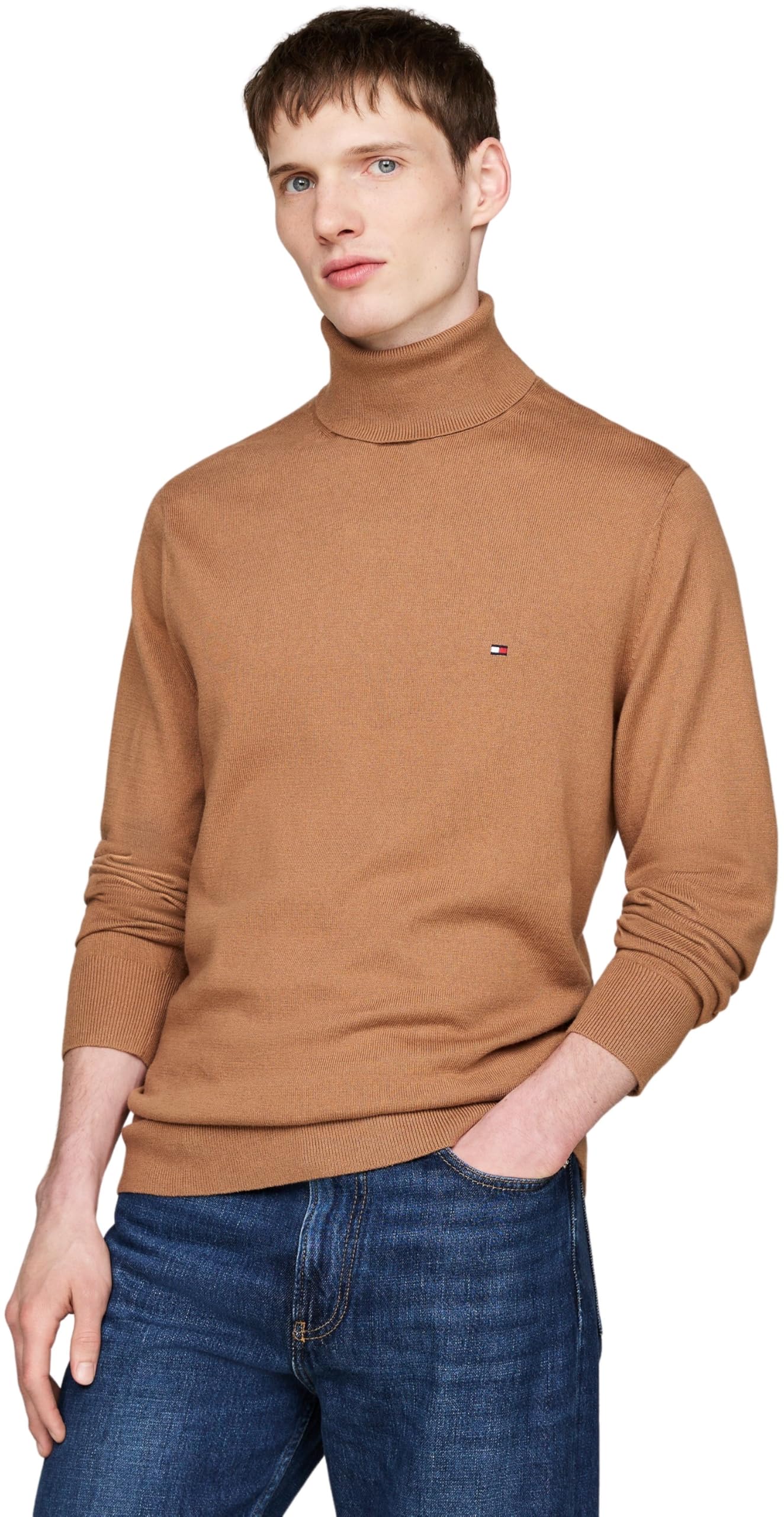 Tommy Hilfiger Men’s Pima Cashmere Roll Neck Jumper, Beige (Safari Canvas), S