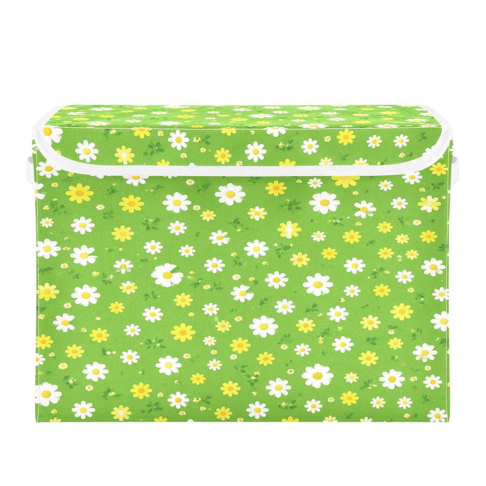 Ewusp Diasy Fabric Storage Bin with Lid, Decorative Foldable Storage Basket with Handles, Stackable Closet Shelf Organiser Box for Clothes, Books, Bedroom, Living Room