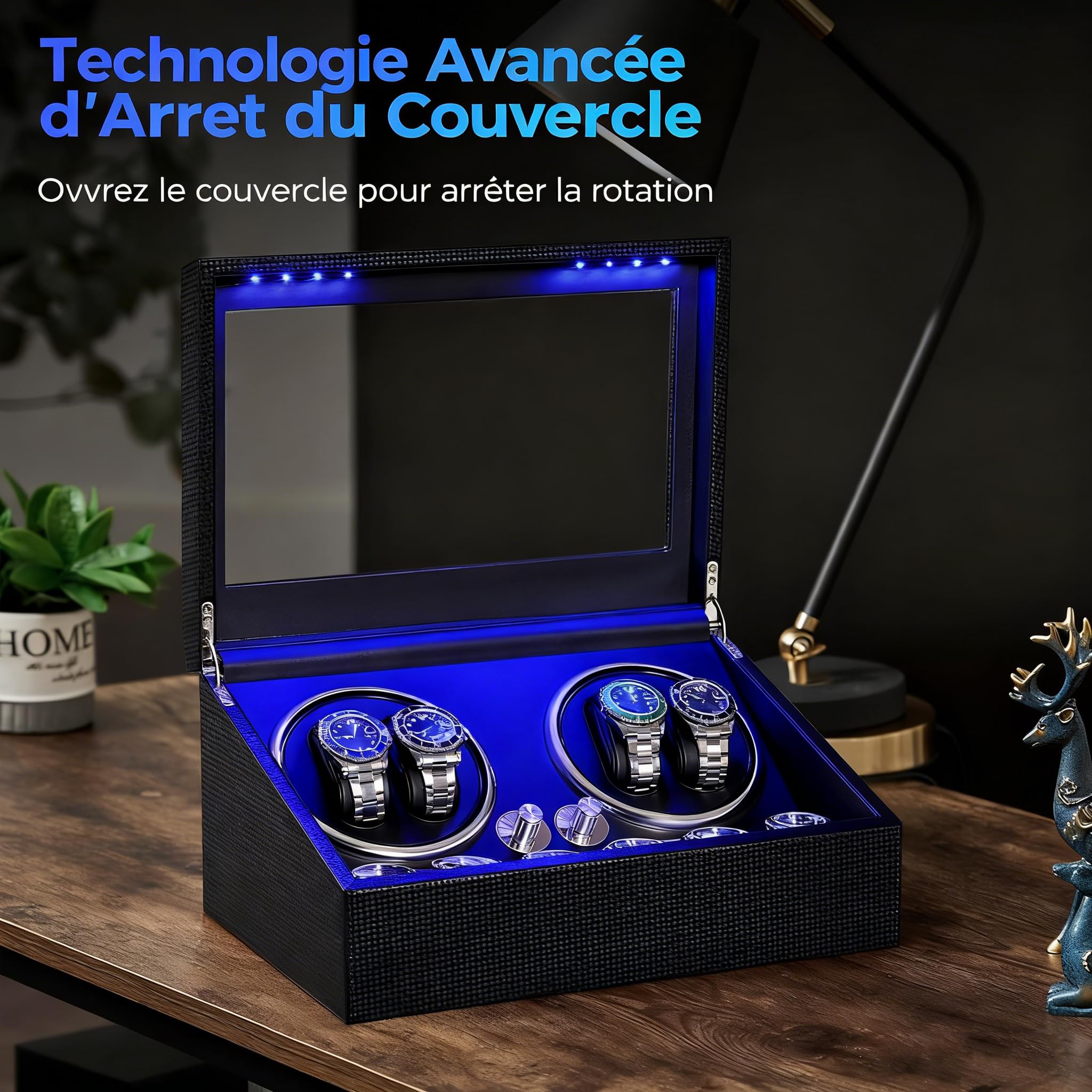 ANWBROAD Remontoir à Montre Ecrins pour Montres Automatiques pour 4 +6 Boîte à Remontoir de Rangement Supersilencieux Luxueux Watch Winder LED Légère 4 Modes de Rotation (Fibre de carbone)