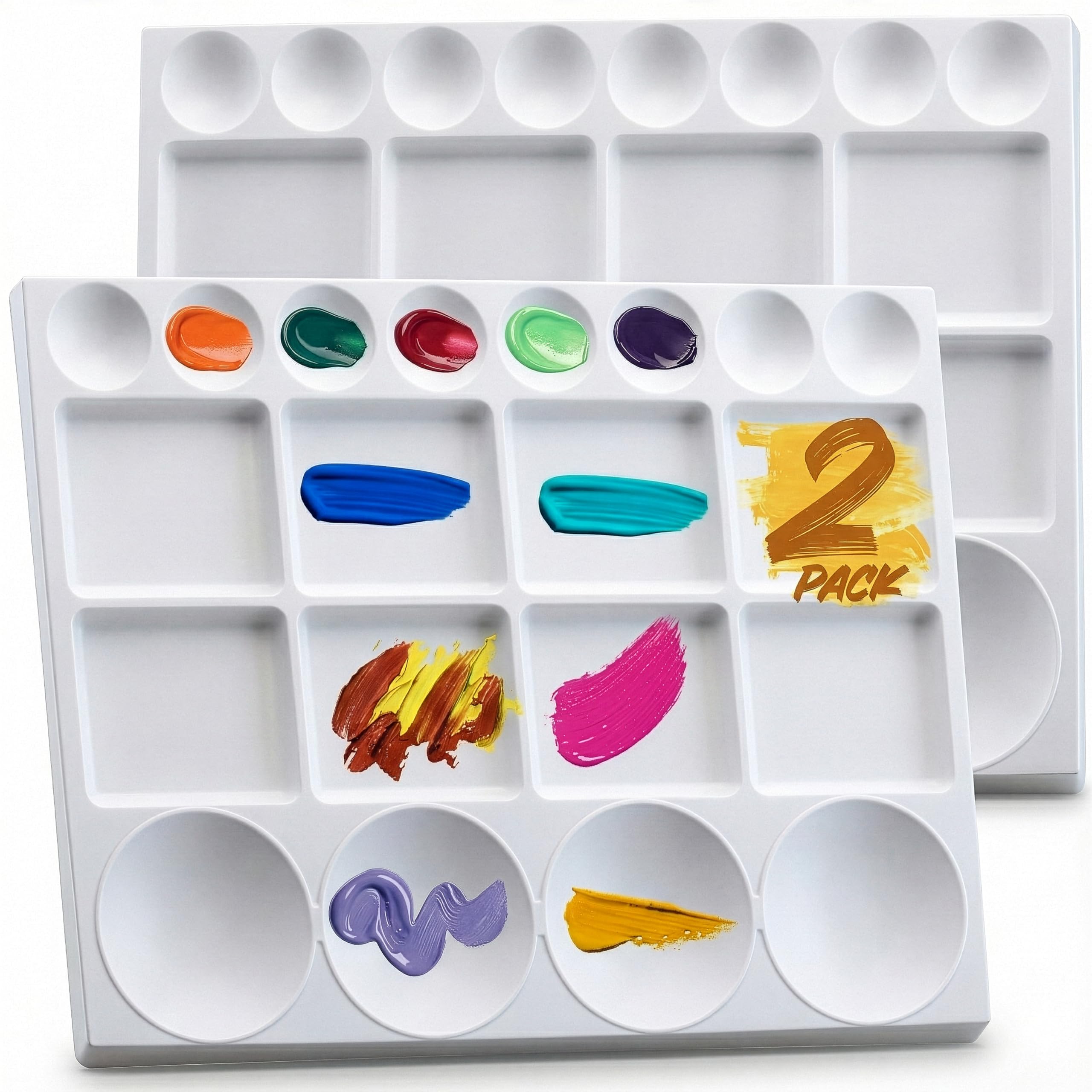 Large Paint Palette Trays (2 Pack, 10x13) - 20-Well Plastic Mixing Palettes for Acrylic, Oil, Watercolor & Gouache Paints - Artist Supplies