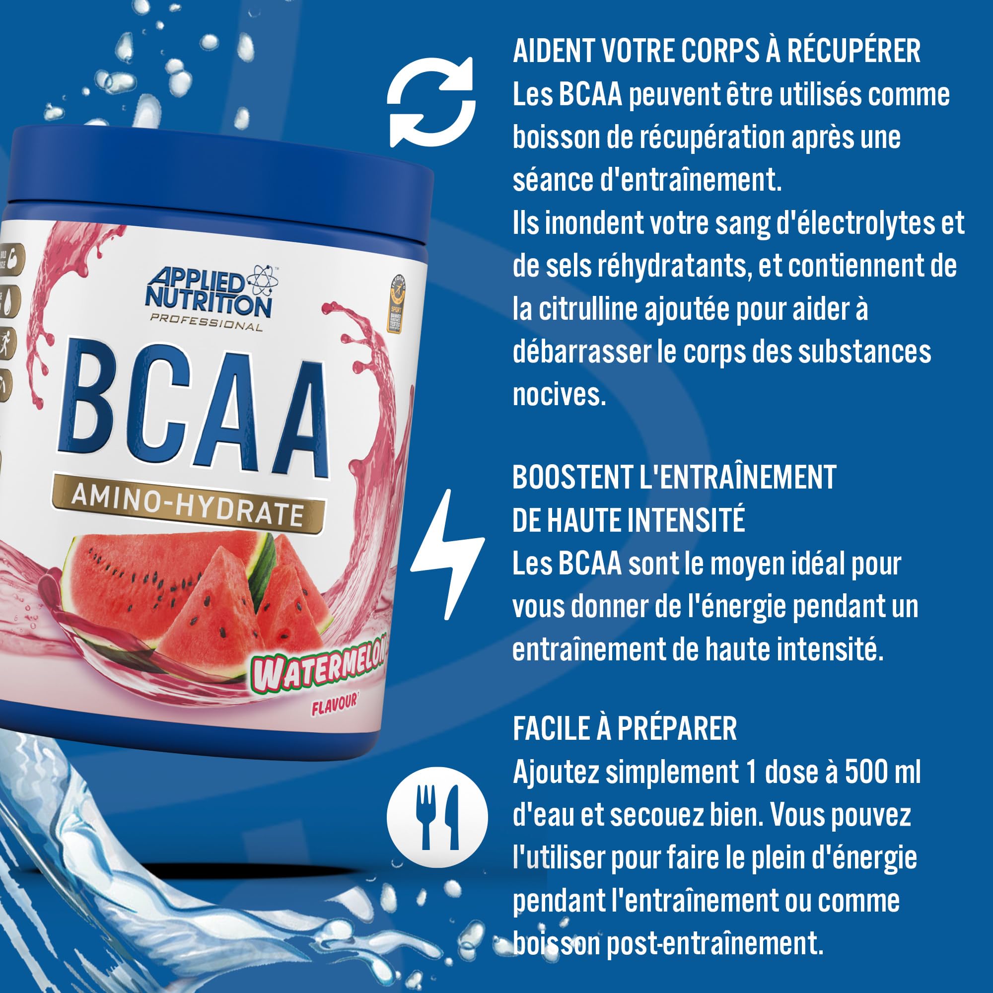 Applied Nutrition Amino-Hydrate BCAA en Poudre, Complément d'Acides Aminés à Chaîne Ramifiée, Poudre d'Acides Aminés Essentiels, Boisson Énergétique (32 Portions)