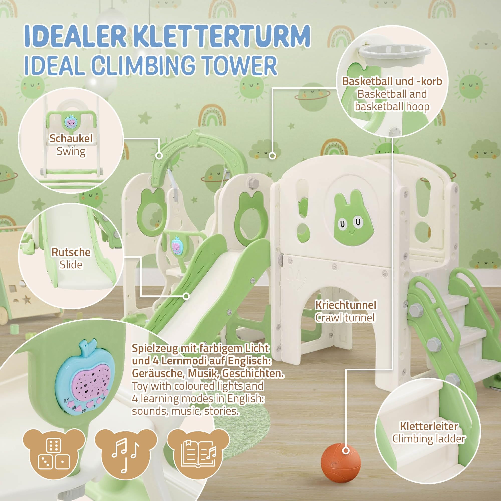 Joyz Tobogán Infantil 6 en 1, con Túnel, Columpio, Escaleras de Trepa, Canasta de Baloncesto Telescópica y Torre, Parque de Exterior/Interior, Verde Claro, Juegos para Niños a Partir de 3 Años