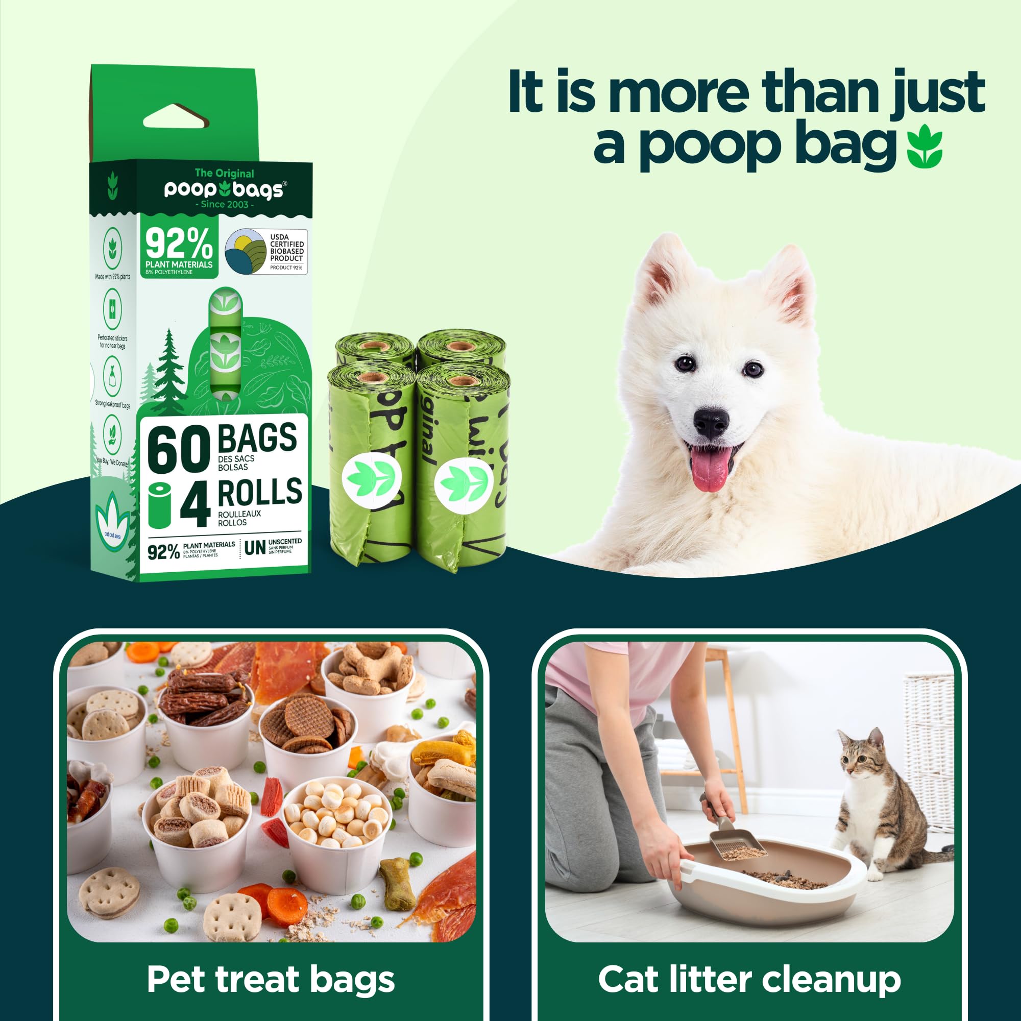 The Original Poop Bags - Sacchetti compostabili, 9 x 13 cm, 4 rotoli, 60 totali - Supporta Jane Goodall Institute - acquisti, doniamo - imballaggio può variare