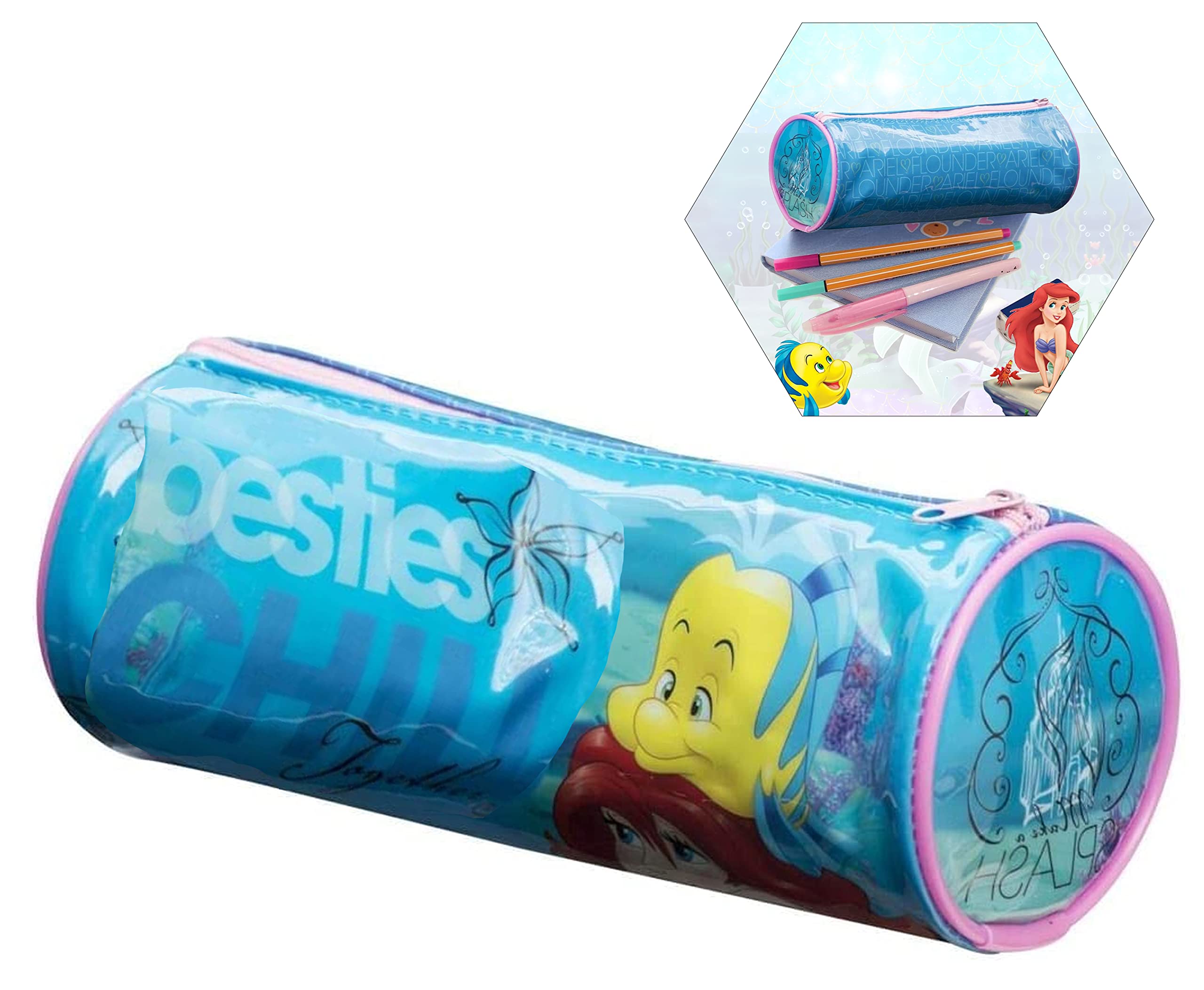 HOVUK Disney Princess Blue Kids Barrel Pencil Case| Round Tube PVC Stationery Case | Back to School Gift for Kids 3+Years, Size: 22cm