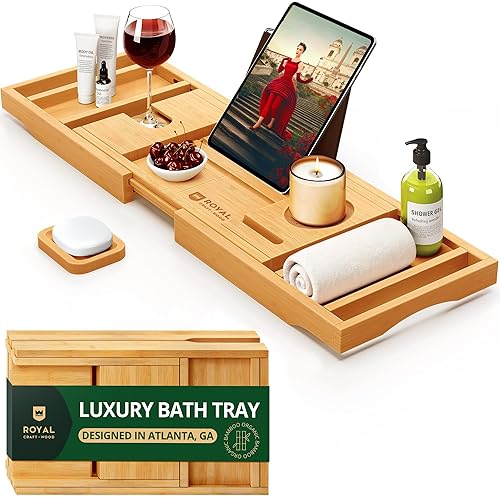 ROYAL CRAFT WOOD Premium Foldable Bathtub Tray - Expandable Bath Tray for Tub - Luxury Bathtub & Bathroom Accessories - Natural (Classic)