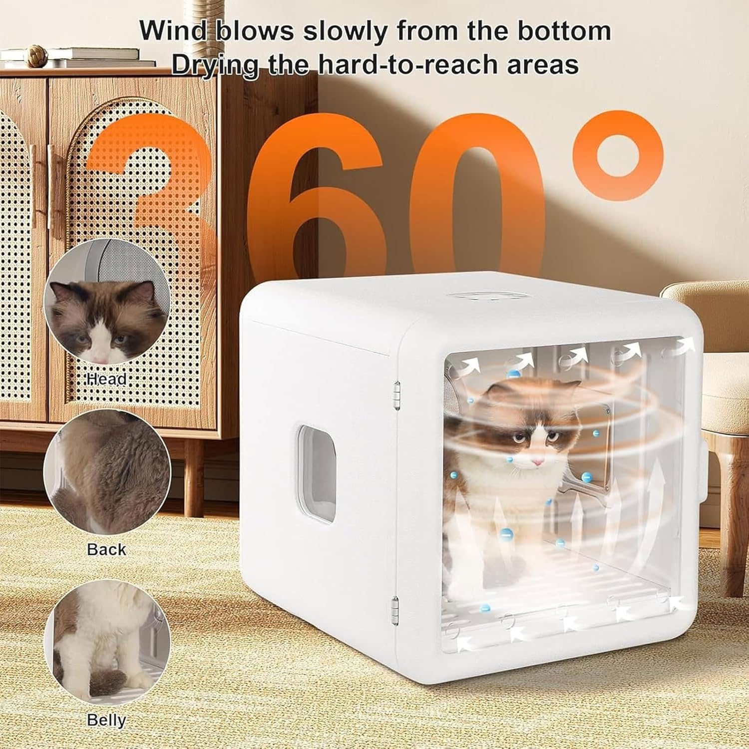 Secador automático para mascotas de 65 l, 1200 W, control inteligente de temperatura para gatos y perros, temporizador ajustable y viento de 4 velocidades, funcionamiento de bajo ruido