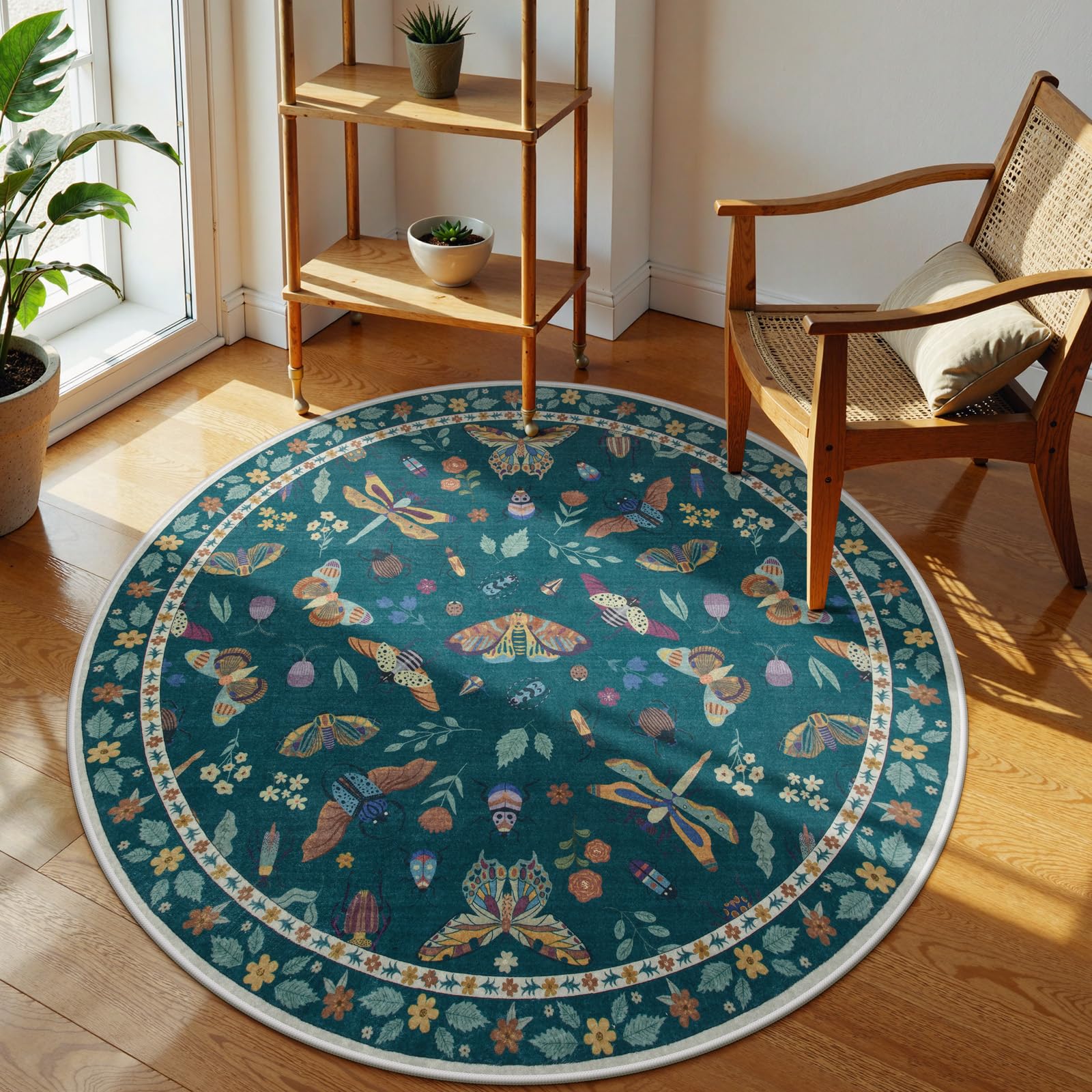 Lahome Insect Washable Round Rugs, Small Soft Round Rug 4ft Ultra-Thin | Non-Slip Boho Circle Carpet for Entryway Kitchen Bedroom Nursery Bathroom