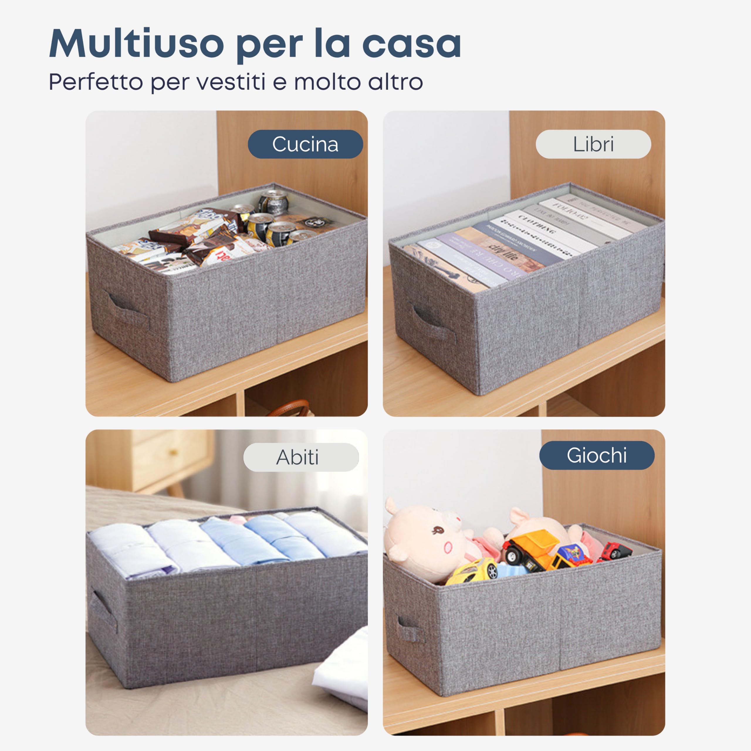 Scatole per Armadio XL 48x30x20 cm, Set 3 Contenitori per Vestiti Pieghevoli, Organizer Armadio Salvaspazio con Coperchio e Manici, Scatole Portaoggetti Rigide in Tessuto Grigio