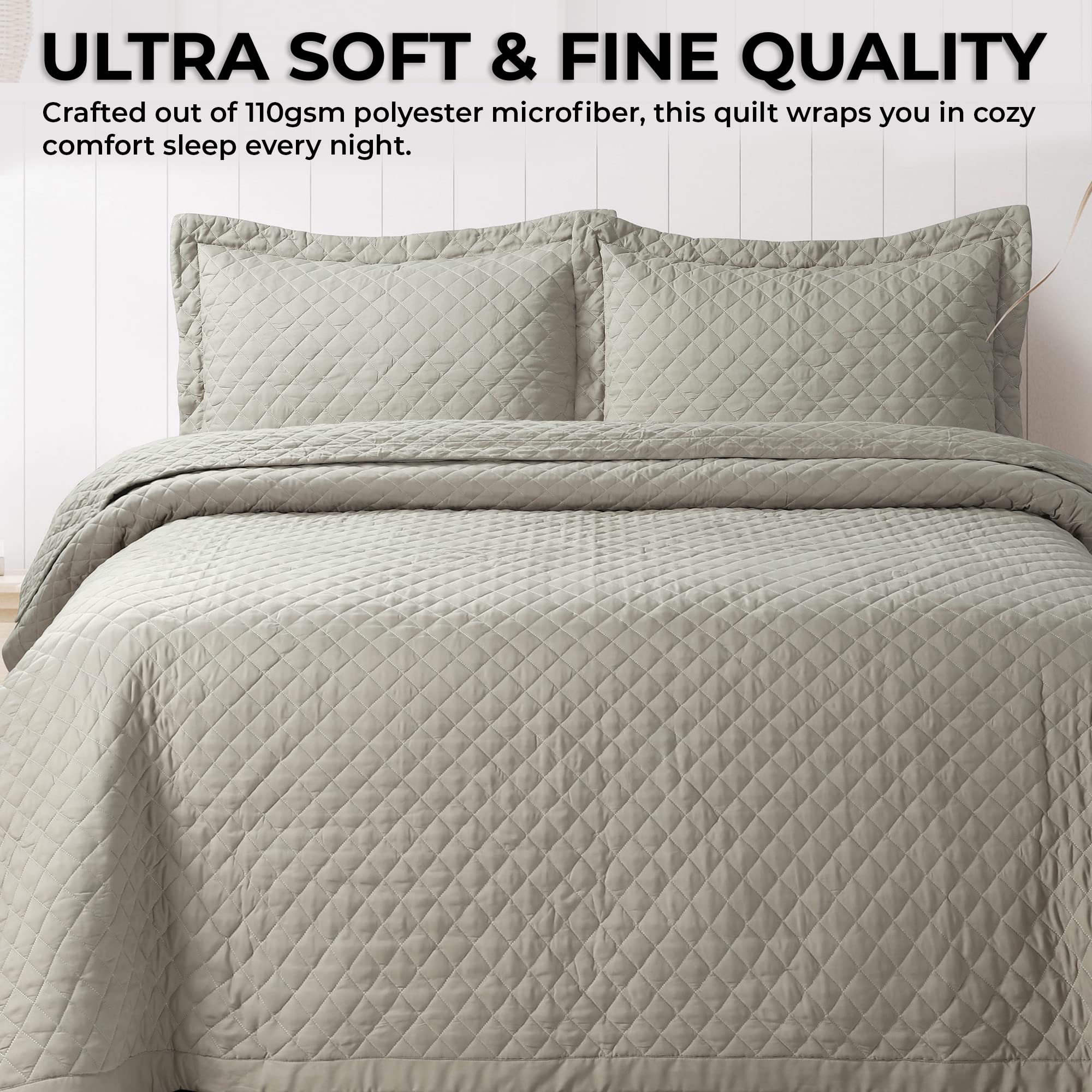Tribeca Living Brisbane Oversized King Quilt Bedding Set, Solid 3-Piece Quilted Bedspread Coverlet with Matching Pillow Shams, Super Soft, Fade and Wrinkle Resistant Quilts, Cloud