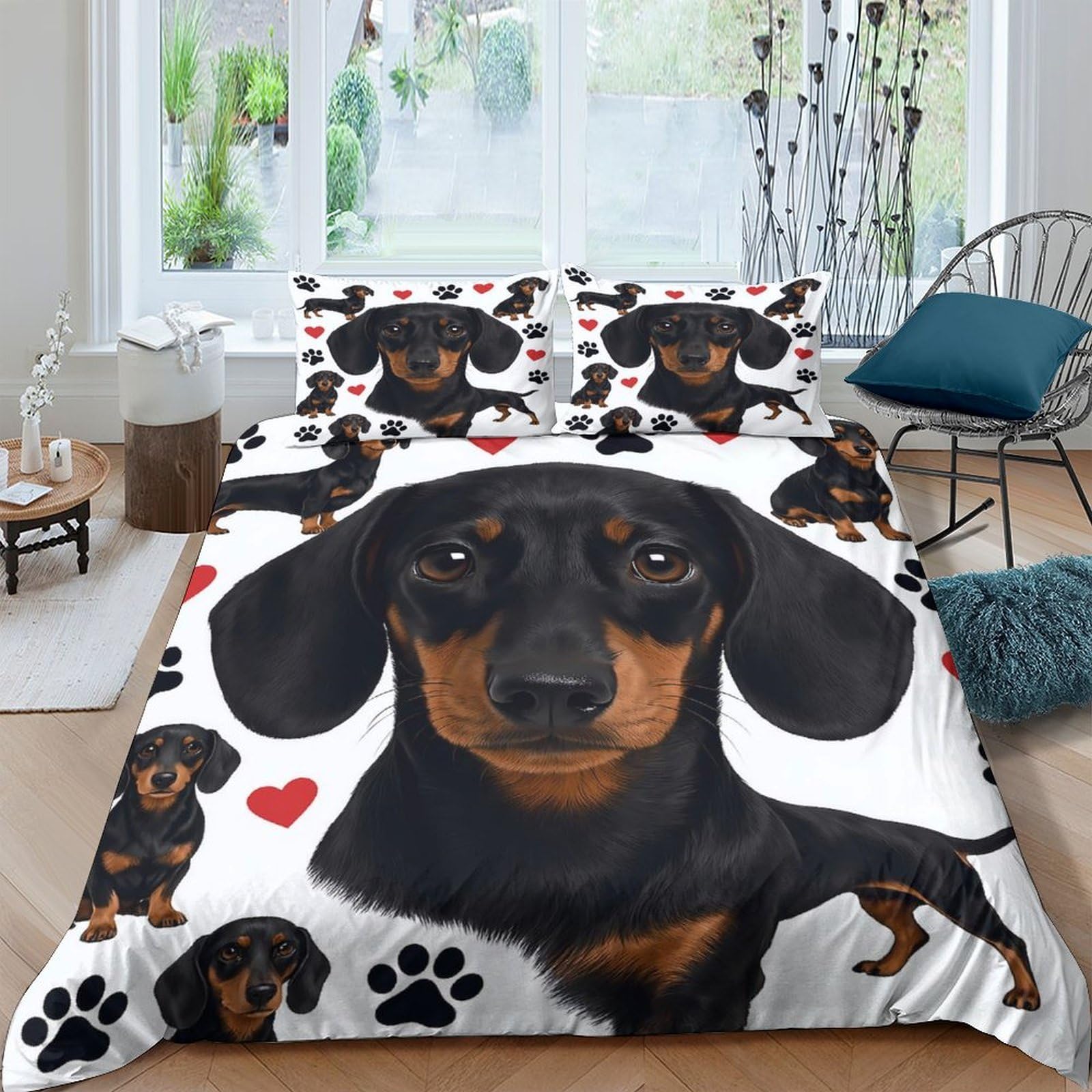 Ctjqhvkz Style-3 3D Printed Dachshund Dog Fitted Sheet Microfiber Soft Paw Heart Bed Cover For Bedroom Guest Room Mattress Protection Single（135X200cm）
