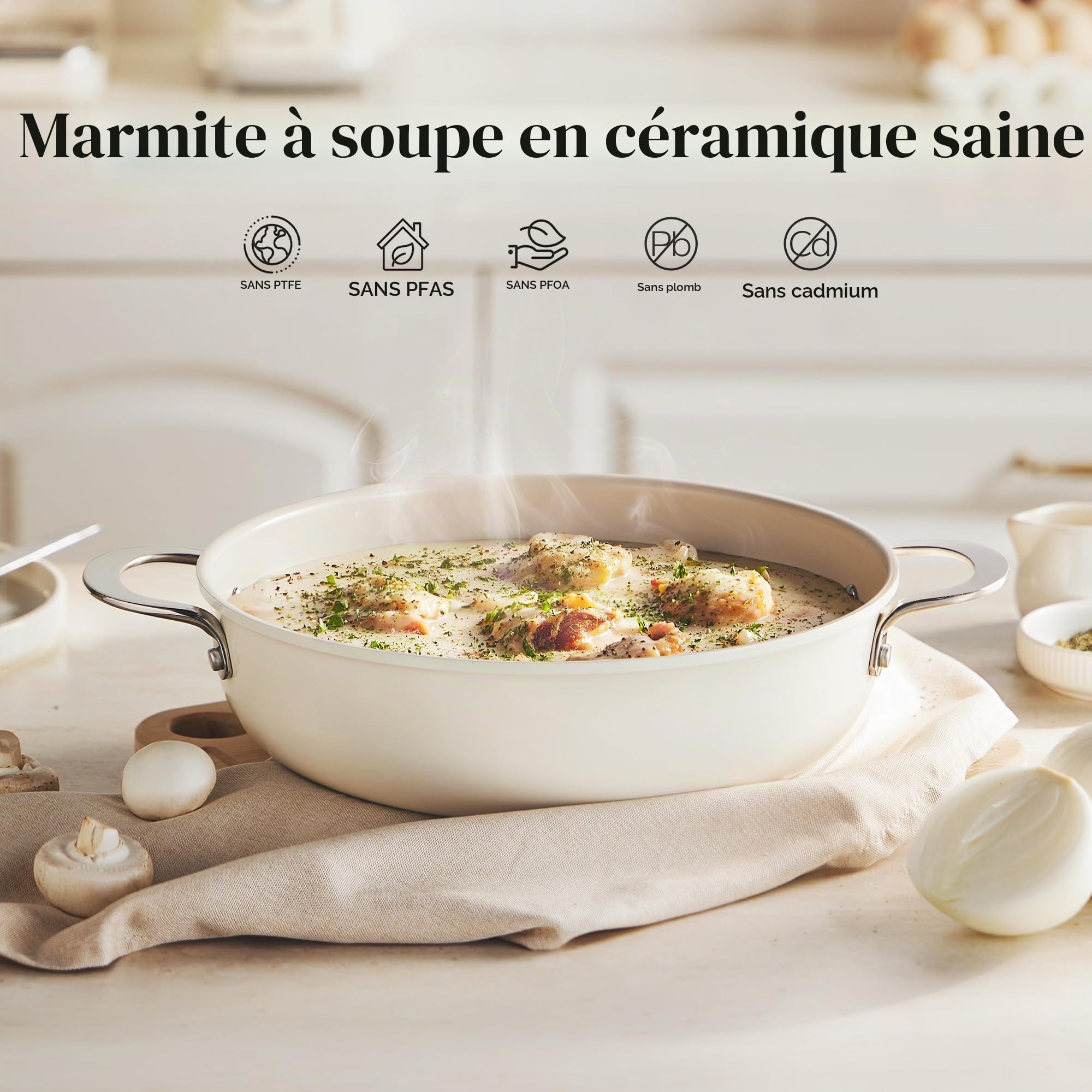 Redchef Sauteuse à bord haut de 28 cm - Avec couvercle - 3,85 l - En céramique anti-adhésive - Sans PFOA/PTFE/PFAS - Poignée en acier inoxydable - Passe au lave-vaisselle - Pour cuisson, rôtir
