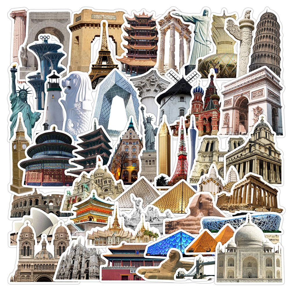 50Pcs Famous Landmark Stickers for Hydro Flask Laptop Water Bottle Luggage Bicycle Motorcycle Car Bumper Guitar Skateboard, Global Travel Map Decals for Kids Teens Men Women Boys Girls