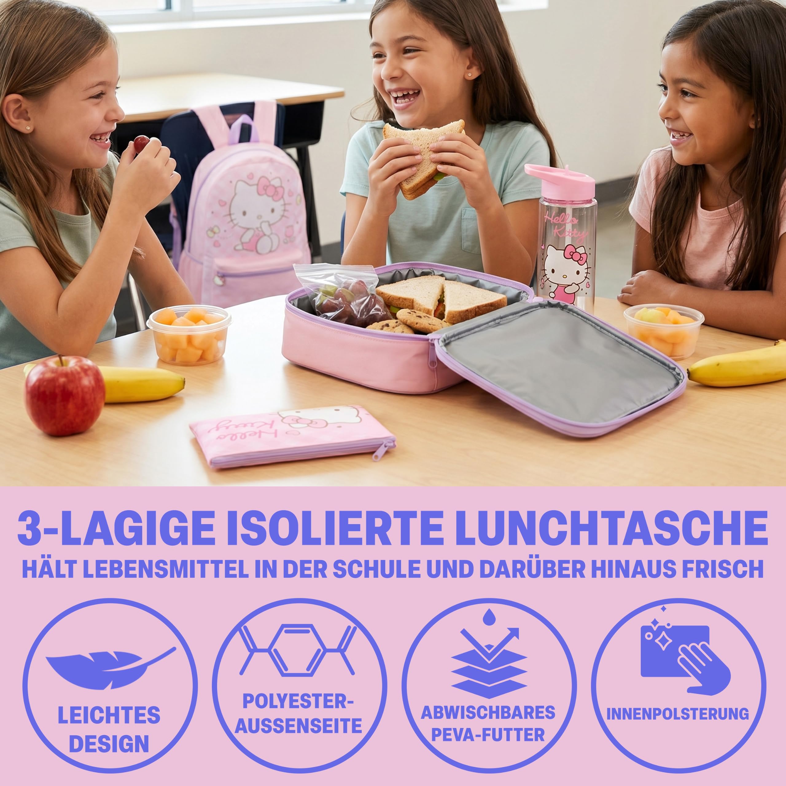 Get Trend Hello Kitty Sanrio Rucksack Kinder 4 TLG. Größer Kinderrucksack, Trinkflasche 500ml, Federmäppchen & Isolierte Lunchtasche, Geschenk für Kinder (Rosa Hello Kitty)
