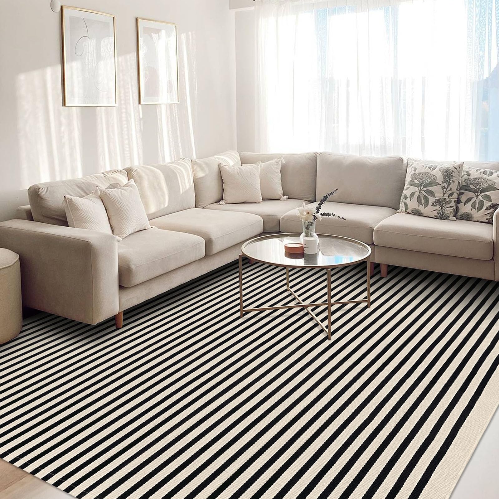 KOZYFLY Black and Beige Striped Rug 8x10 Ft Area Rug Washable Indoor Outdoor Rug Cotton Outdoor Patio Rugs Farmhouse Rugs for Living Room Carpet for Patio Dining Room Bedroom