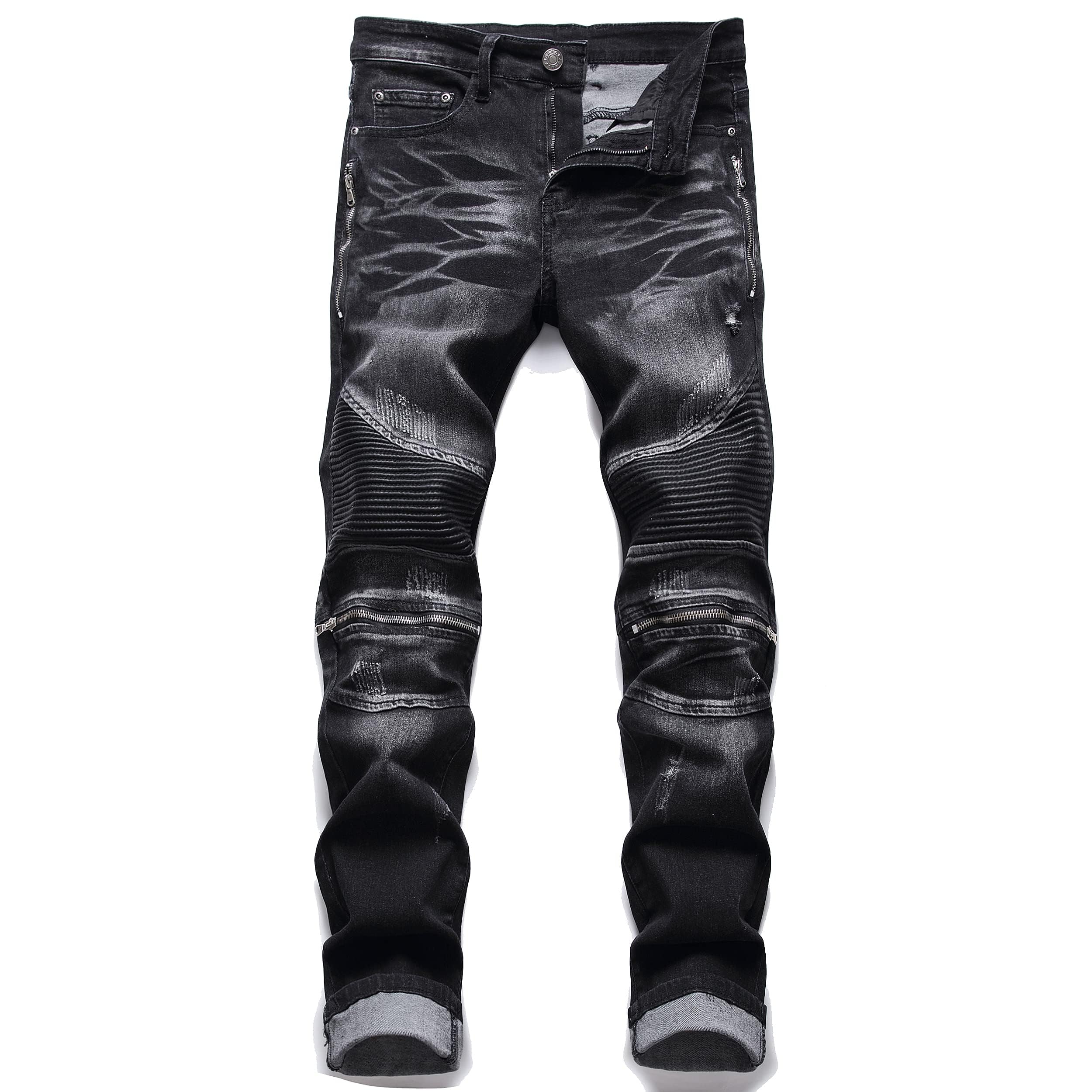 AITITIAMen's Biker Zipper Deco Washed Straight Fit Jeans