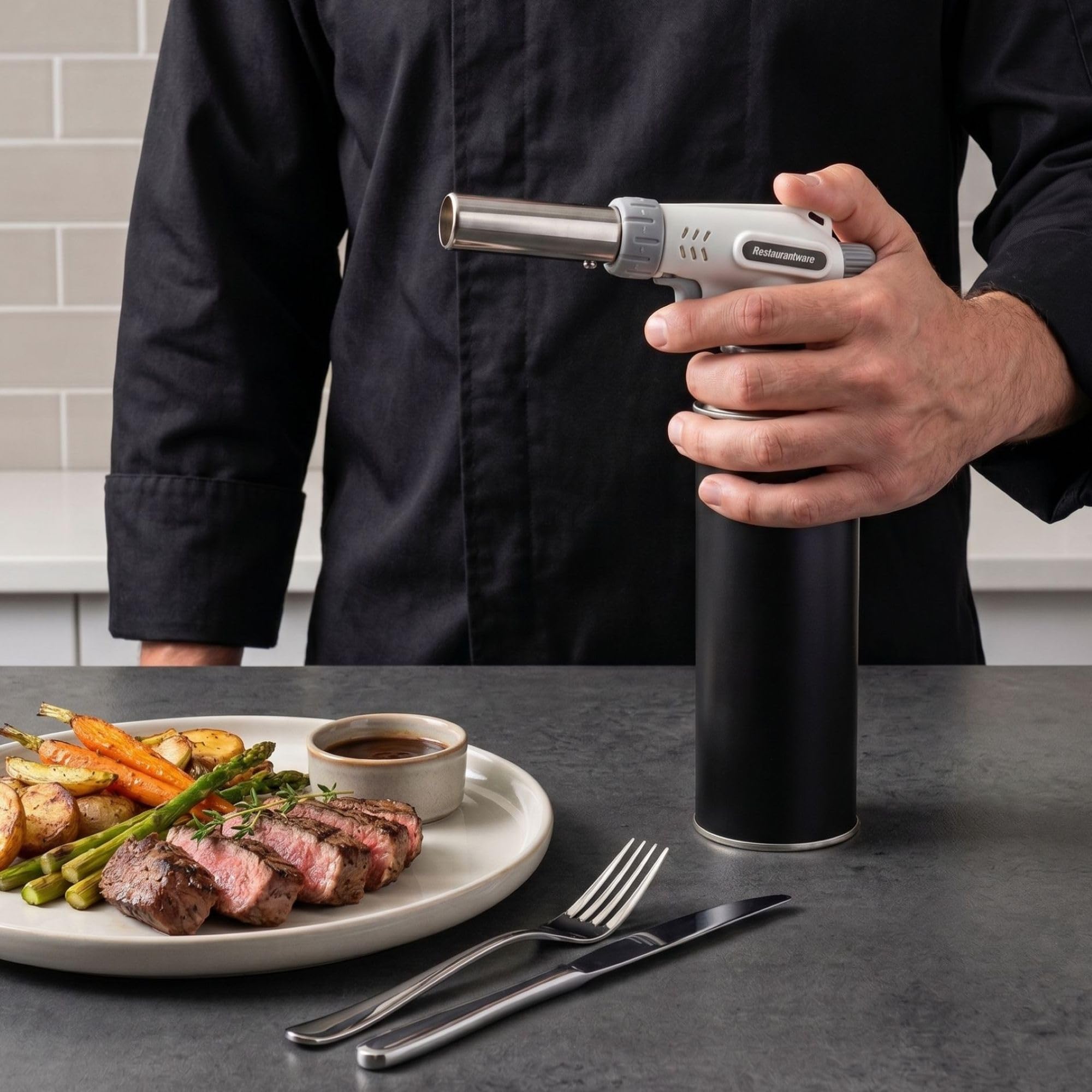 Restaurantware -RW Pyro Creme Brulee Antorcha con llama ajustable, 1 soplete culinario recargable, tanque de gas butano no incluido, sin acampanado, blanco, para hornear, cocinar, barbacoa y más