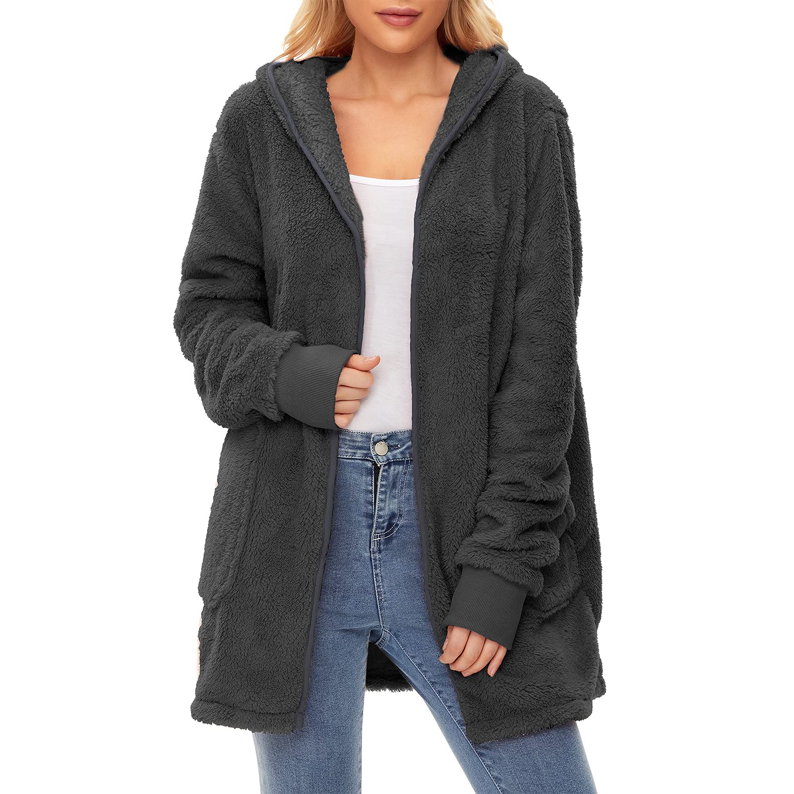 Womens Fleece Jacket Lightweight Long Cardigan Sweaters Oversized Fuzzy  Fall Sherpa Hoodie with Pockets Warm Furry Coat