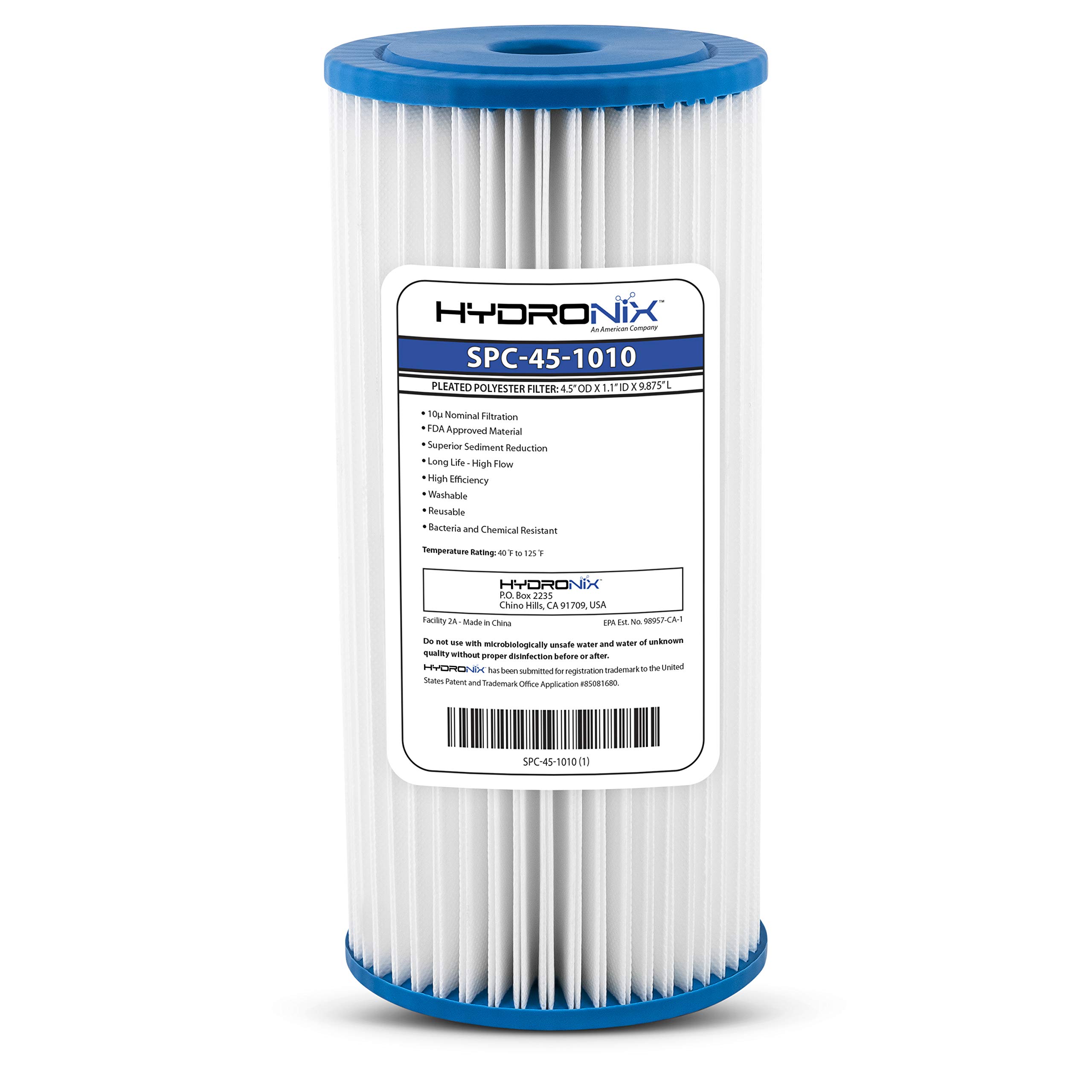 Hydronix SPC-45-1010 Filtro de agua plisado para toda la casa, lavable y reutilizable, 10 micras, 4,5 x 10 pulgadas