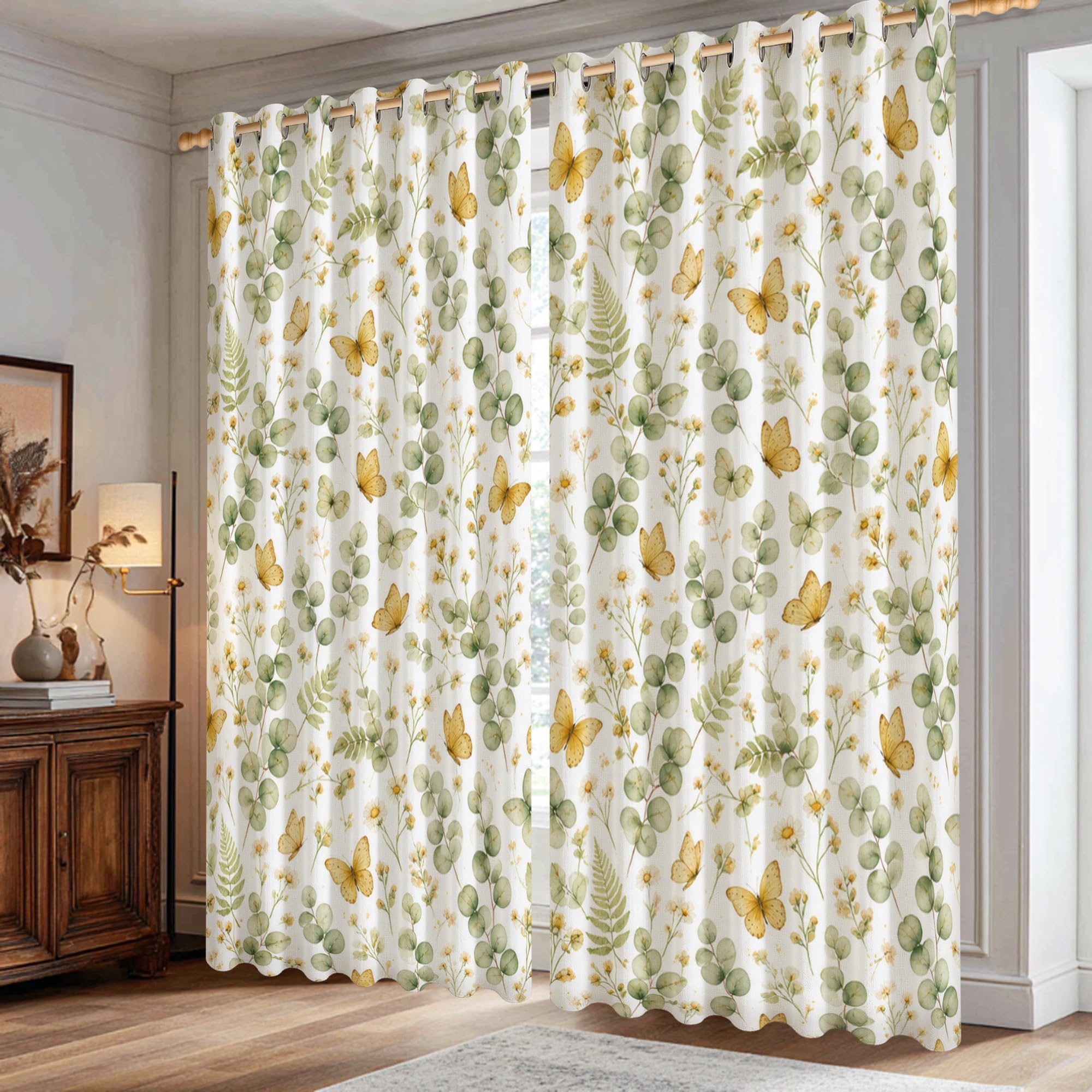 Rideaux occultants jaune printemps imprimé eucalyptus pour chambre et salon