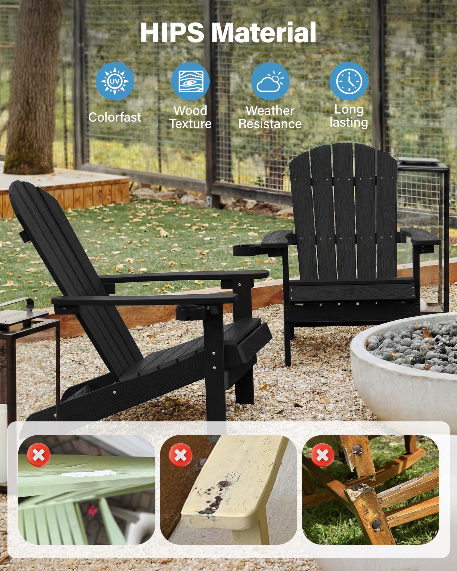 MXIMU Silla Adirondack para jardín al aire libre: respaldo ergonómico cómodo, sillas duraderas con portavasos, sillas Adirondack para todo tipo de clima para patio, hoguera, camping, piscina, banco