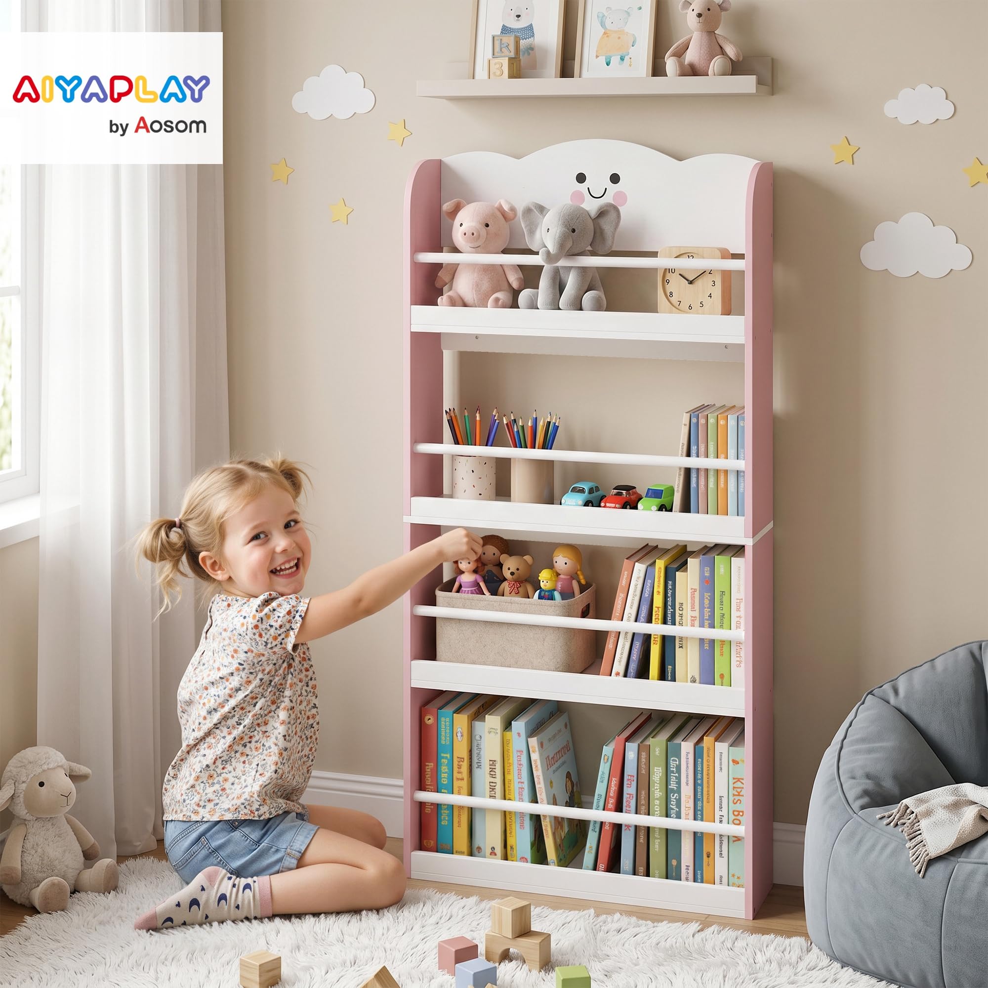 AIYAPLAY Bibliothèque Murale pour Enfant, Rangement Livre Enfant 4 Niveaux, Meuble de Rangement en thème Barbe à Papa, étagère Chambre Enfant pour Salle de Jeux, Chambre d'enfant, Rose