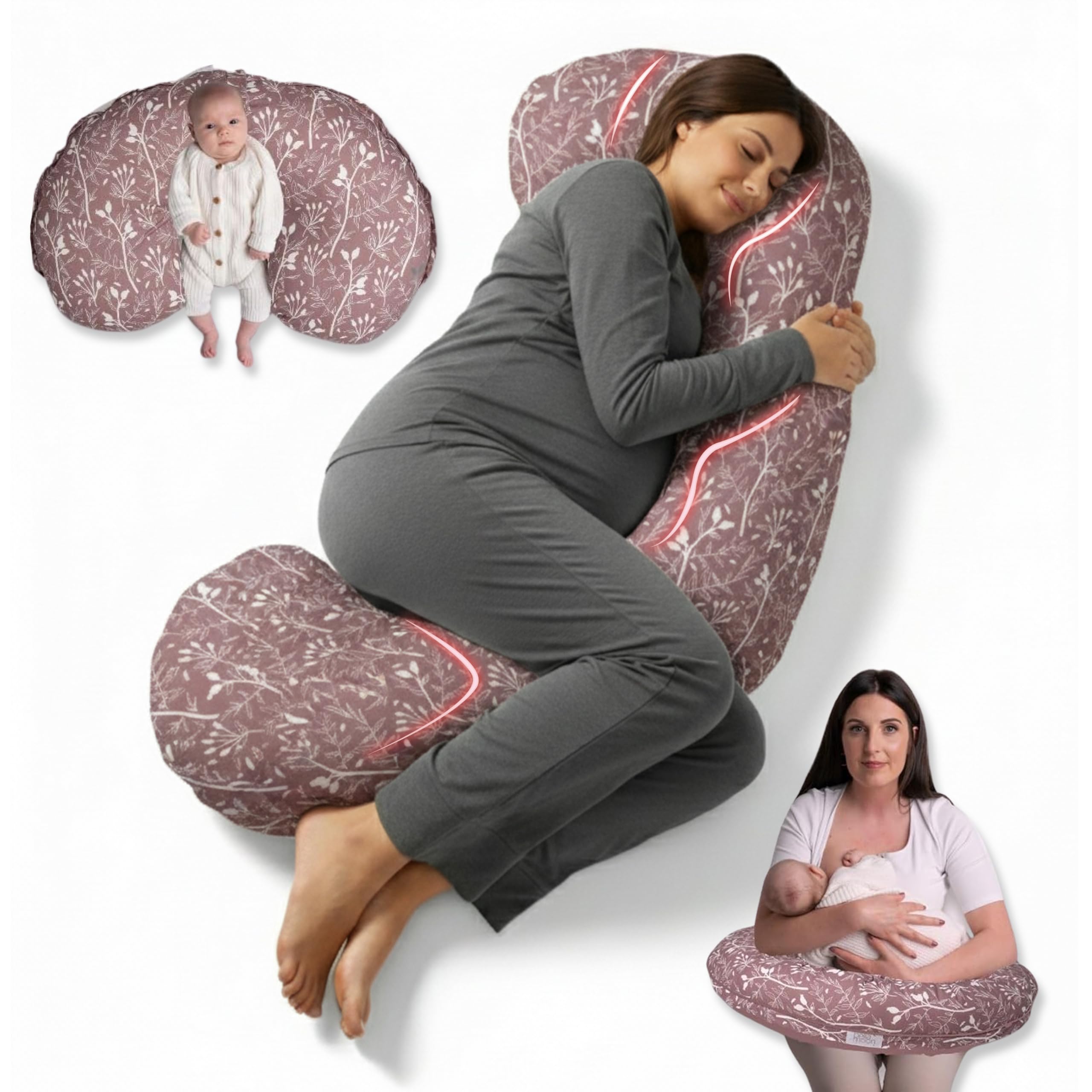 BellaMoon 3 in 1 Pregnancy Pillow – Full Body Pillow Support for Pregnant Women - Adjustable C Shaped Pregnancy Pillows for Sleeping, Nursing & Baby Lounger - Washable Organic Cotton Cover (Rosehip)