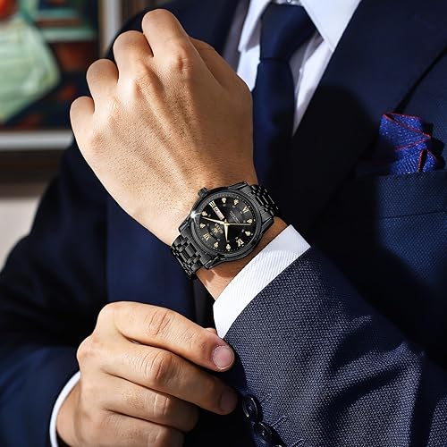 Miniatura 4 de OLEVS Reloj de diamantes para hombre, de lujo, vestido de negocios, reloj de pulsera de cuarzo de acero inoxidable, impermeable, luminoso, fecha de