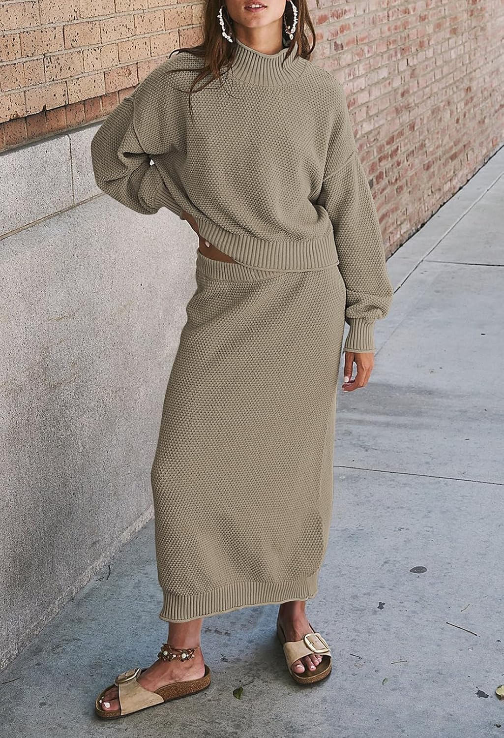 Pink Queen Women's 2 Piece Sweater Set Outfits Long Sleeve Oversized Top Bodycon Maxi Long Skirt Knit Dresses - Image 2