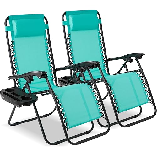 Best Choice Products Set of 2 Adjustable Steel Mesh Zero Gravity Lounge Chair Recliners w/Pillows and Cup Holder Trays - Mint