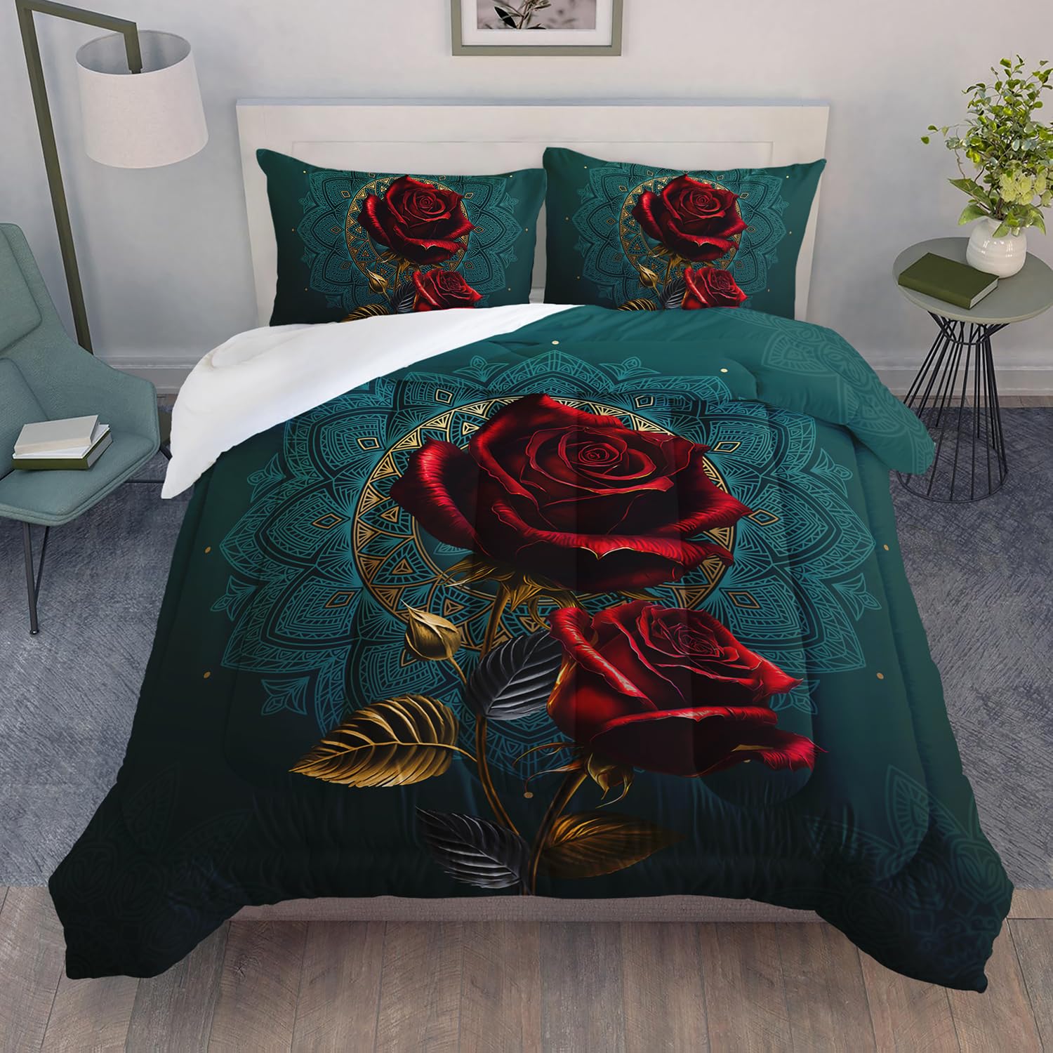 AILONEN Red Rose Comforter Set Twin Size, Red Floral Print Bedding Set for Girls,Valentine Romantic Blossom Floral Bed in a Bag,1 Quilt and 2 Pillowcases,Soft Microfiber for All Season