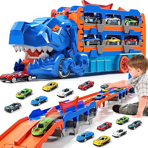Camión transportador de dinosaurios de juguete para niños de 3, 4, 5, 6 años, traje de pistas de autos para niños con 12 autos de carreras fundidos